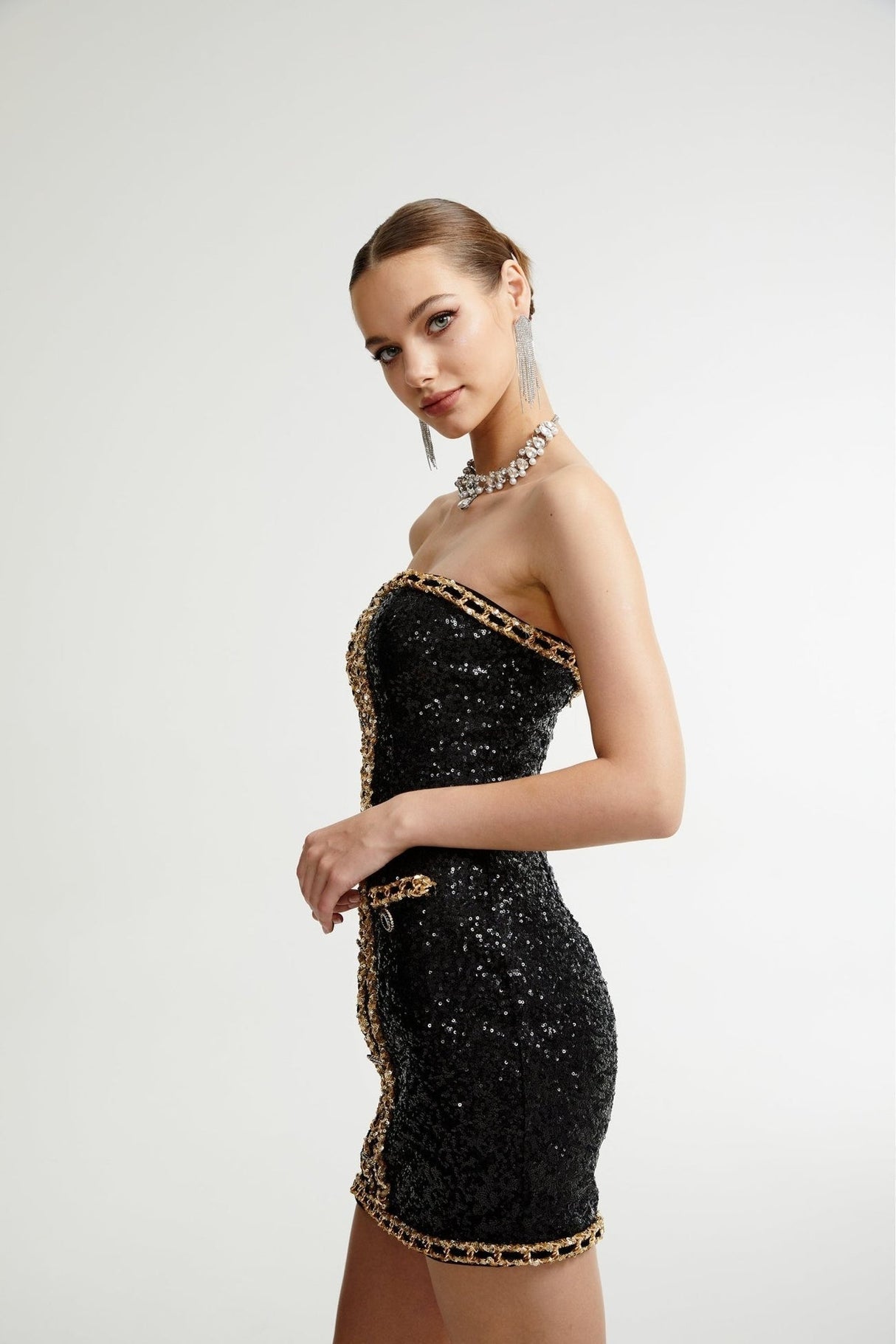 Raffaella Mini Dress Black Sequin Off Shoulder Panel