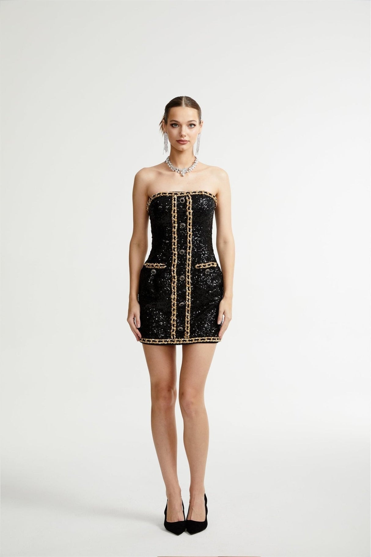 Raffaella Mini Dress Black Sequin Off Shoulder Panel