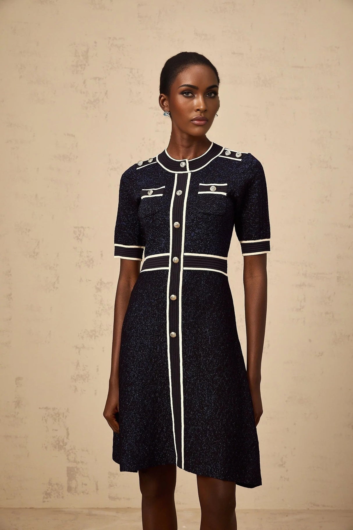 Raffaella Mini Dress Navy Blue Glitter Knit Epaulet Cinched Waist Gold Buttons