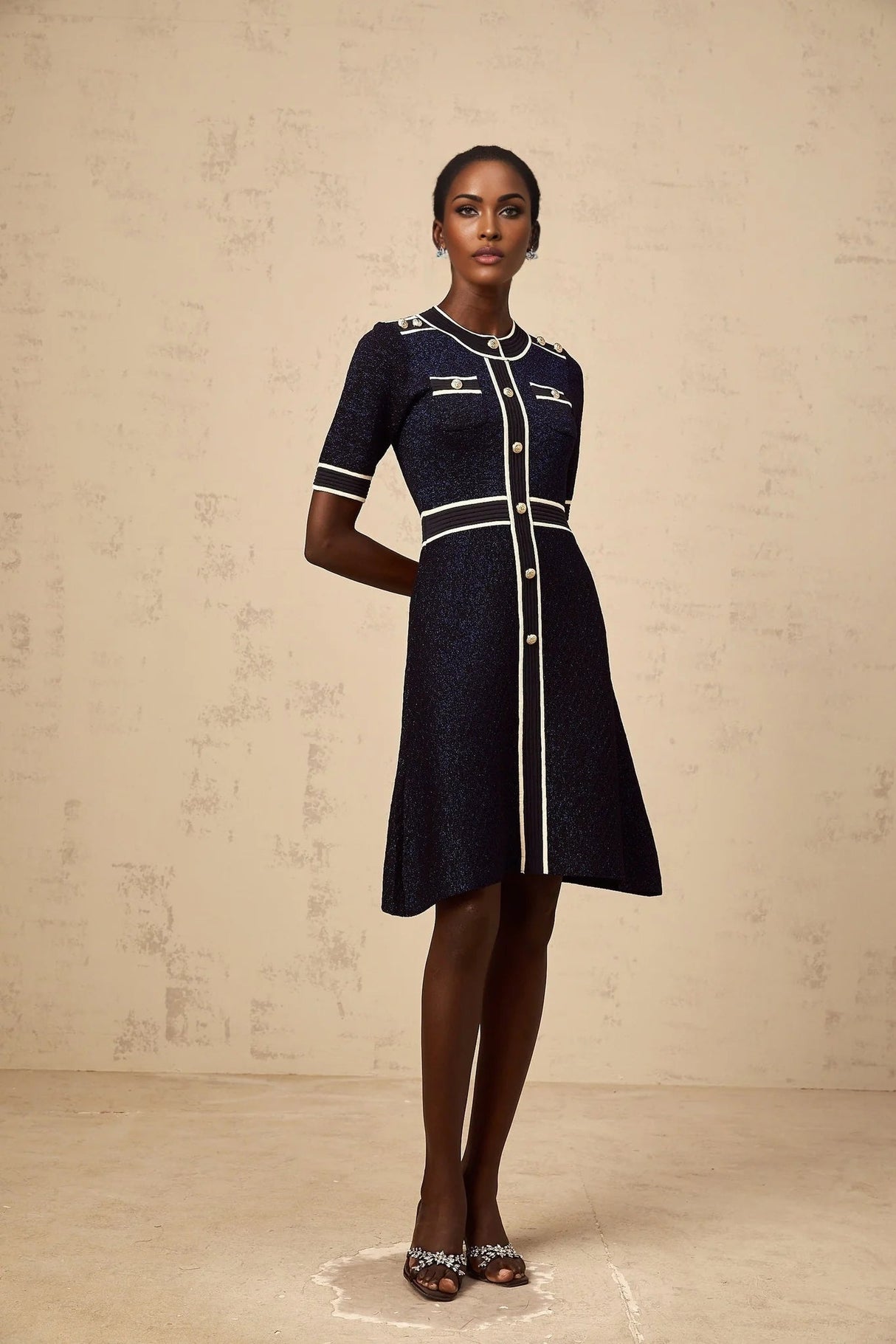 Raffaella Mini Dress Navy Blue Glitter Knit Epaulet Cinched Waist Gold Buttons