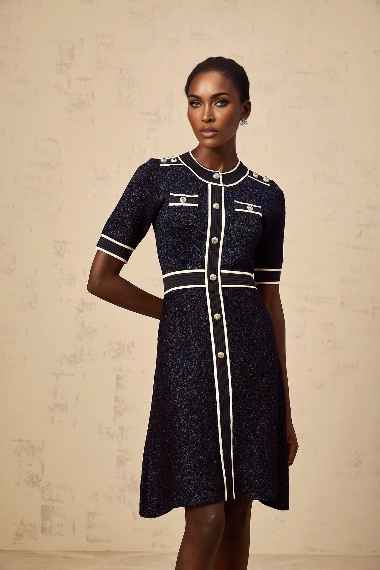 Raffaella Mini Dress Navy Blue Glitter Knit Epaulet Cinched Waist Gold Buttons