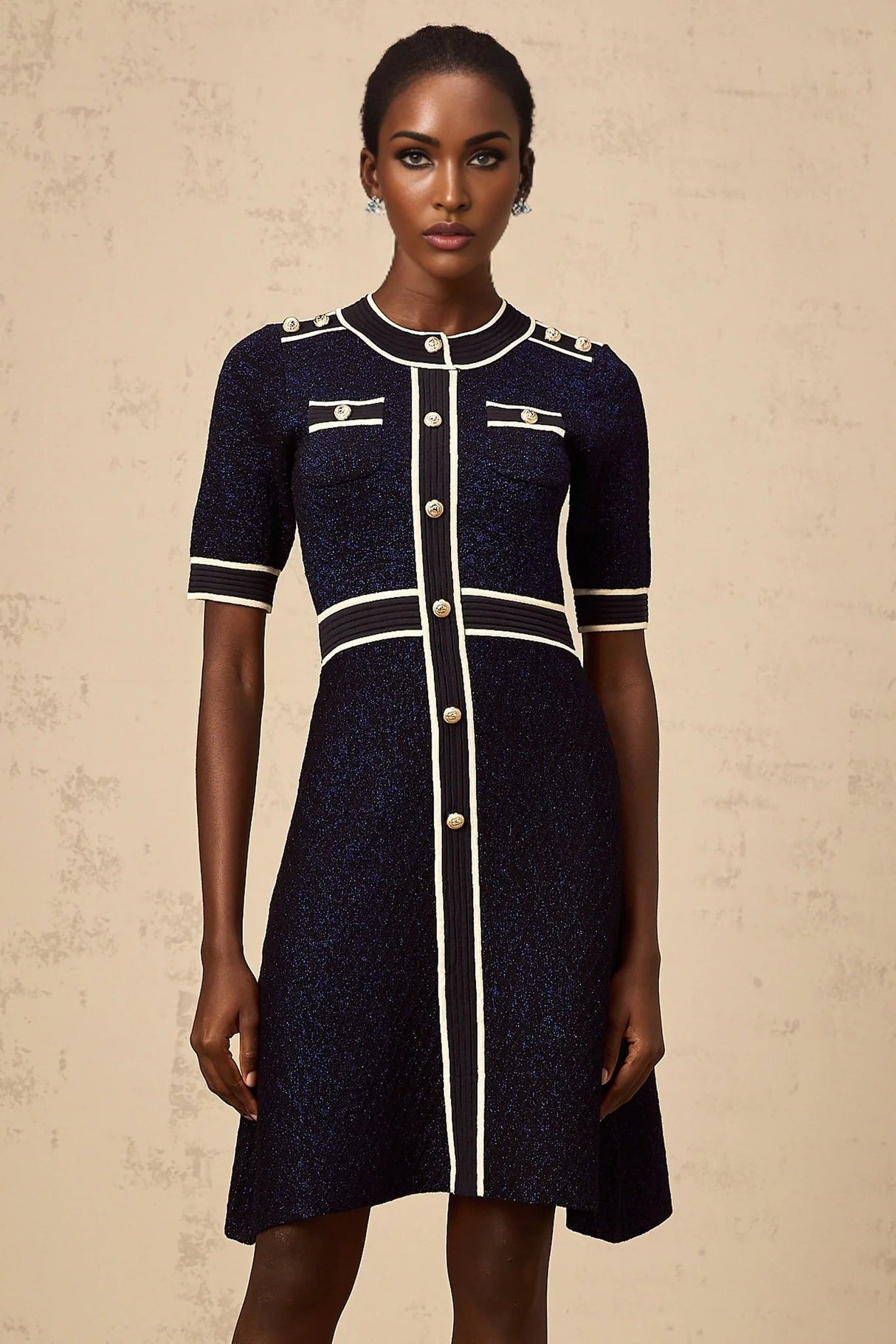 Raffaella Mini Dress Navy Blue Glitter Knit Epaulet Cinched Waist Gold Buttons