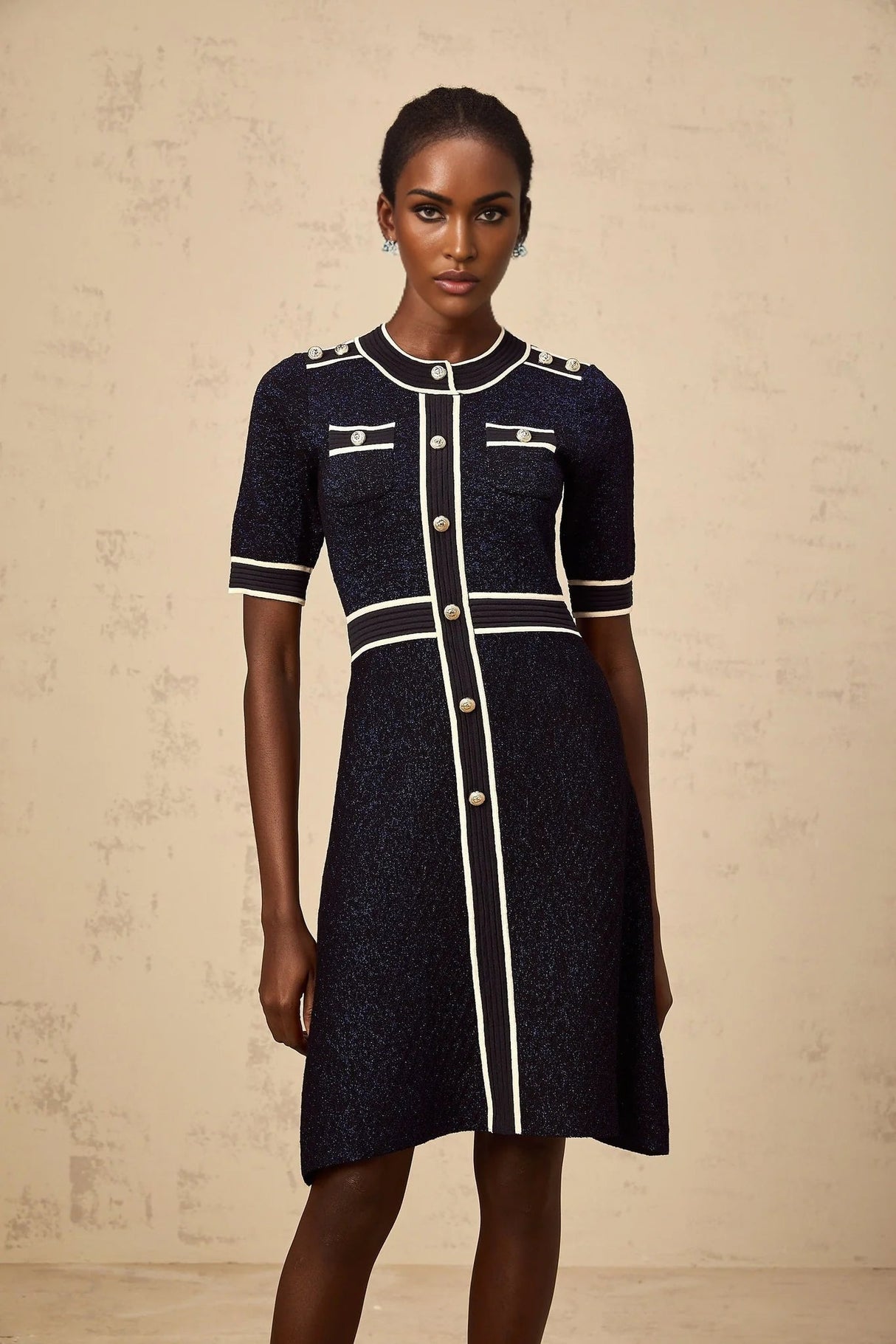 Raffaella Mini Dress Navy Blue Glitter Knit Epaulet Cinched Waist Gold Buttons