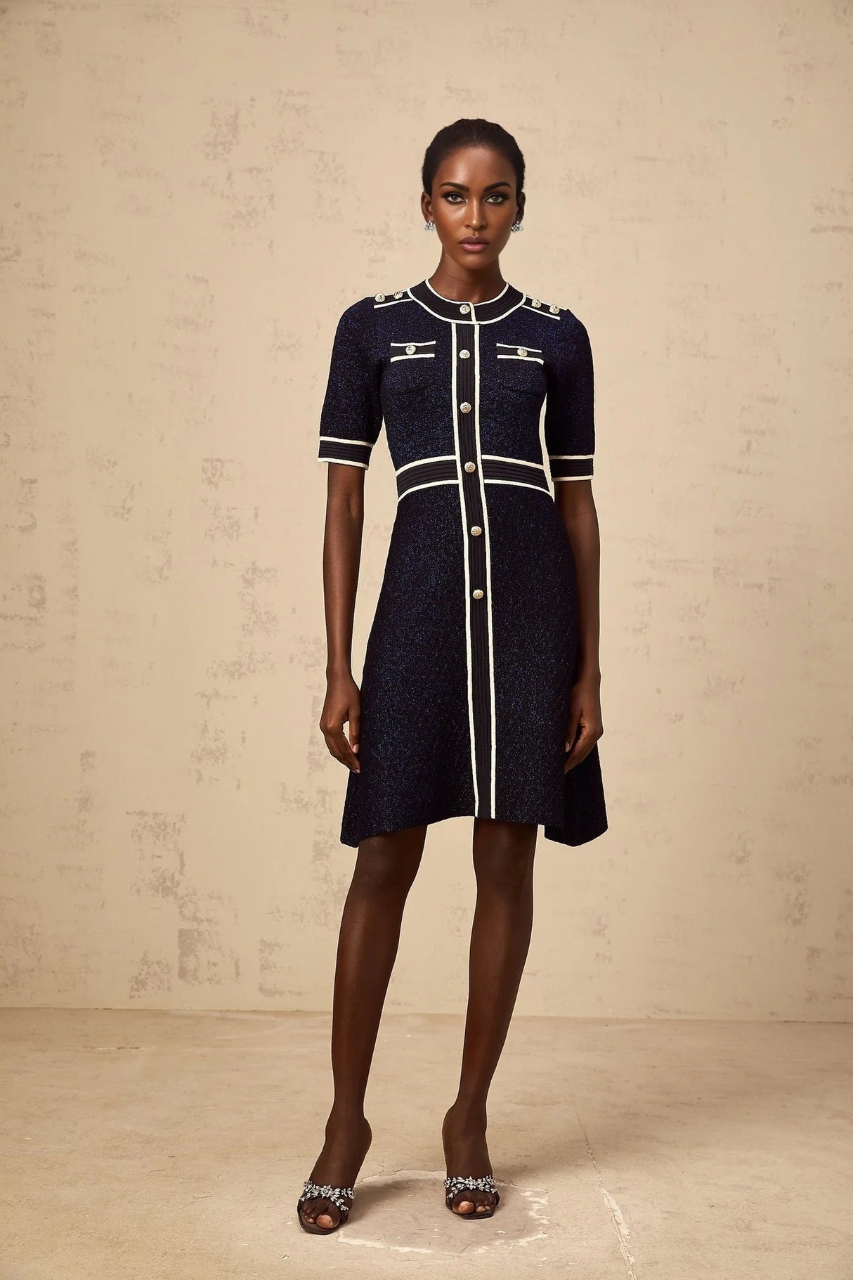 Raffaella Mini Dress Navy Blue Glitter Knit Epaulet Cinched Waist Gold Buttons