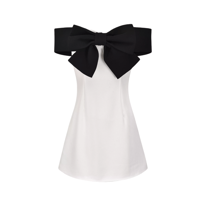 Raffaella Mini Dress White Color Block Off Shoulder Bowknot