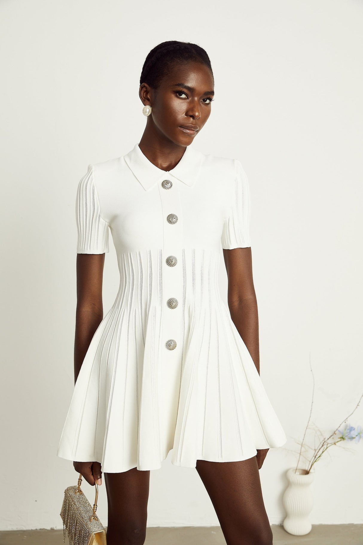 Raffaella Mini Dress with Ribbed Sleeves & Flared Skirt