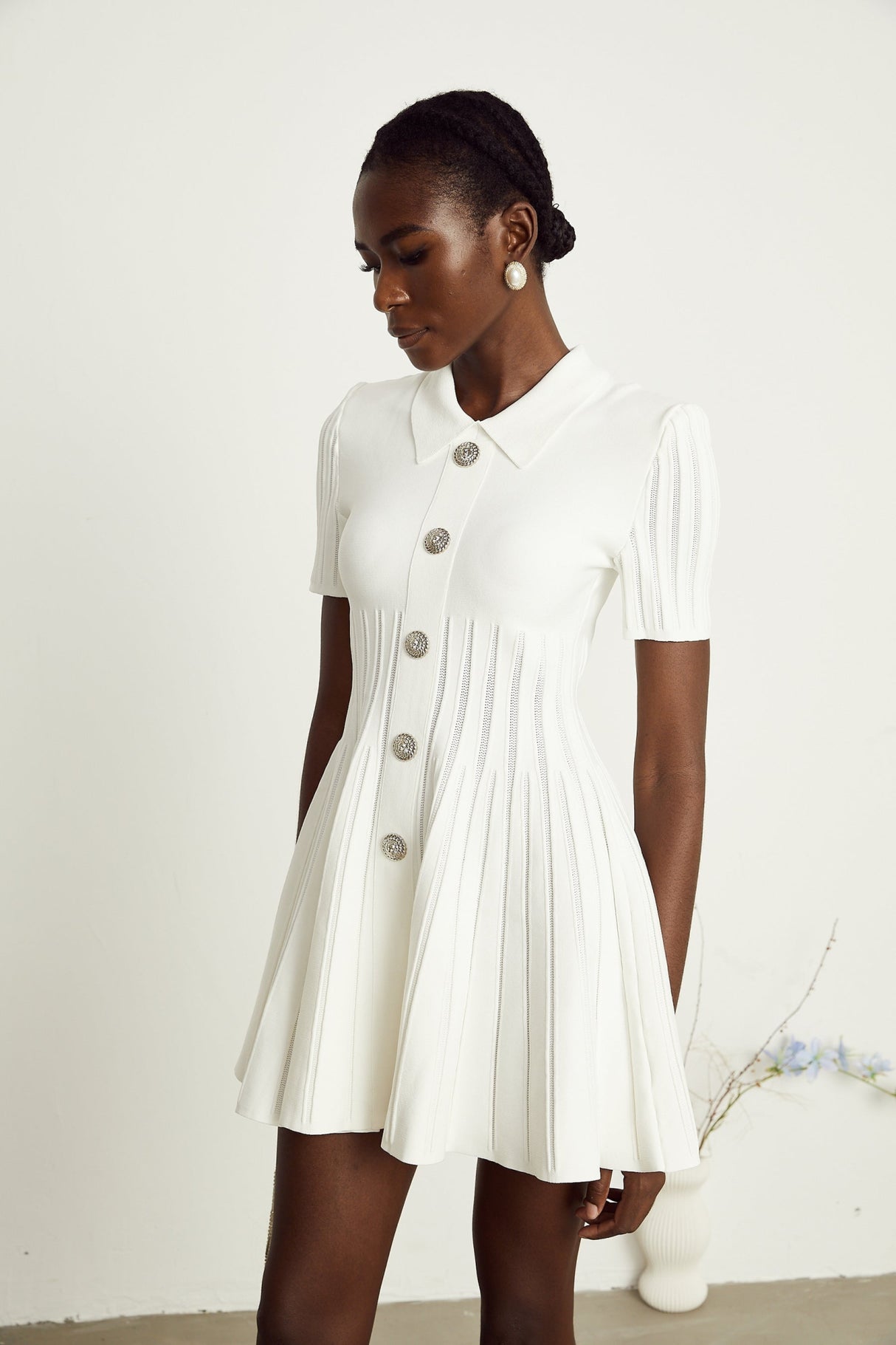 Raffaella Mini Dress with Ribbed Sleeves & Flared Skirt