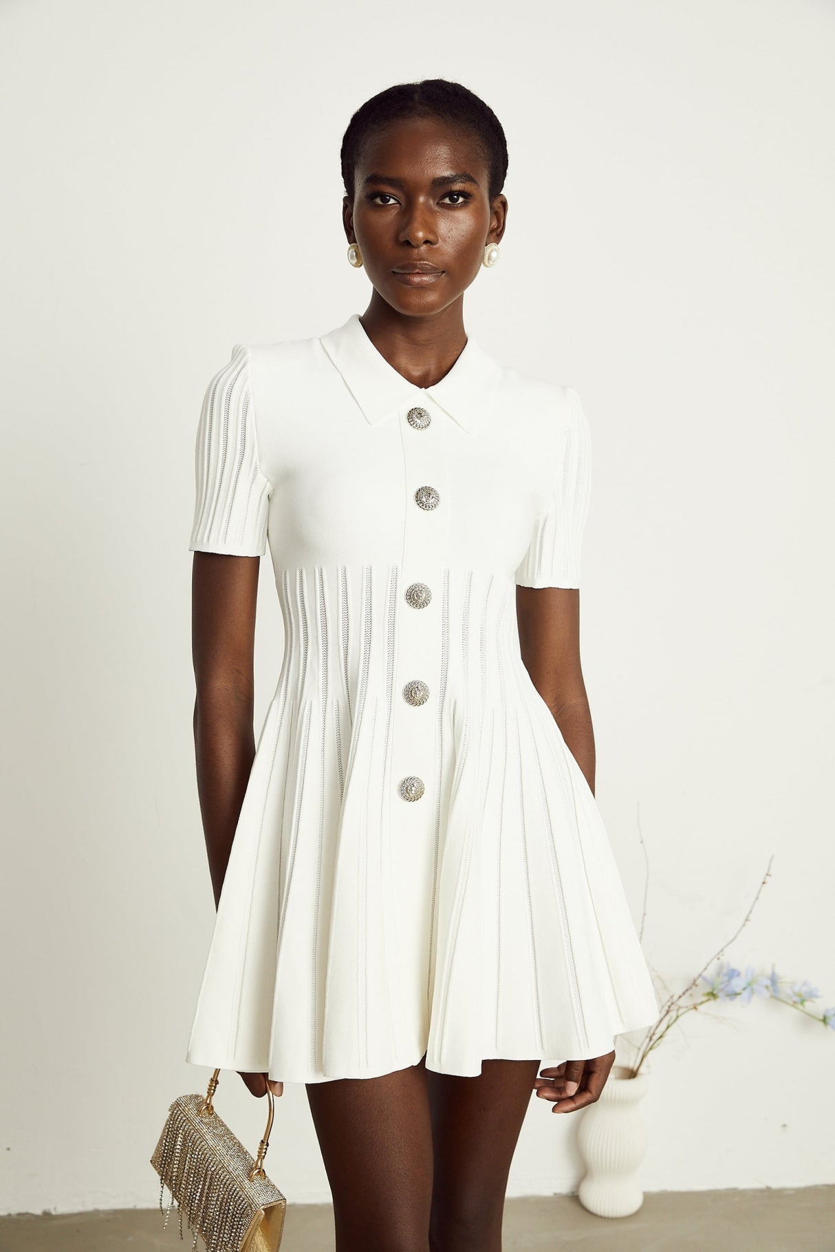 Raffaella Mini Dress with Ribbed Sleeves & Flared Skirt