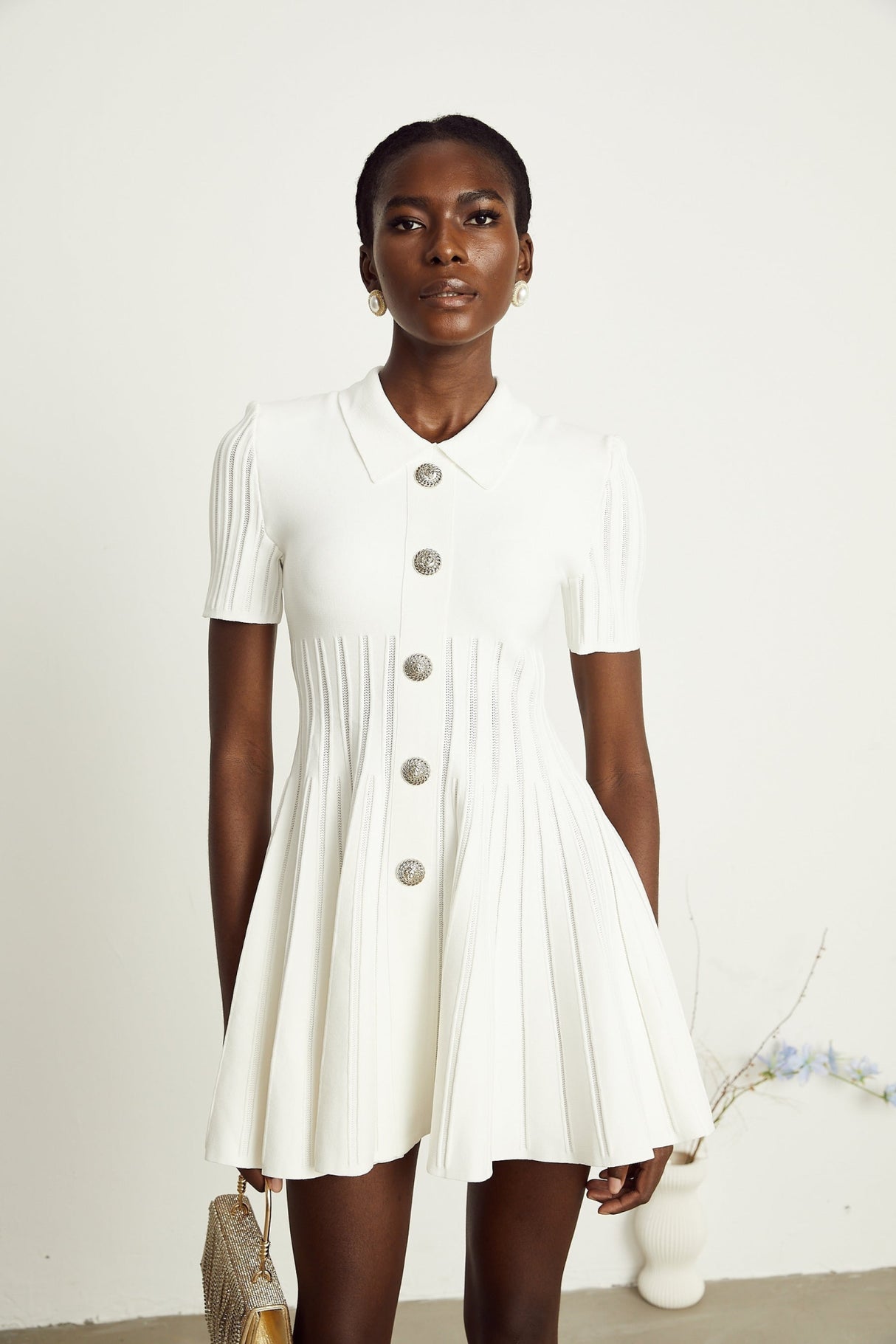 Raffaella Mini Dress with Ribbed Sleeves & Flared Skirt