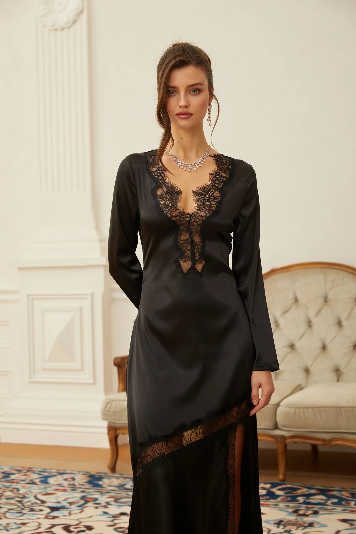 Raphaëlle Black Lace Panel Satin Maxi Dress