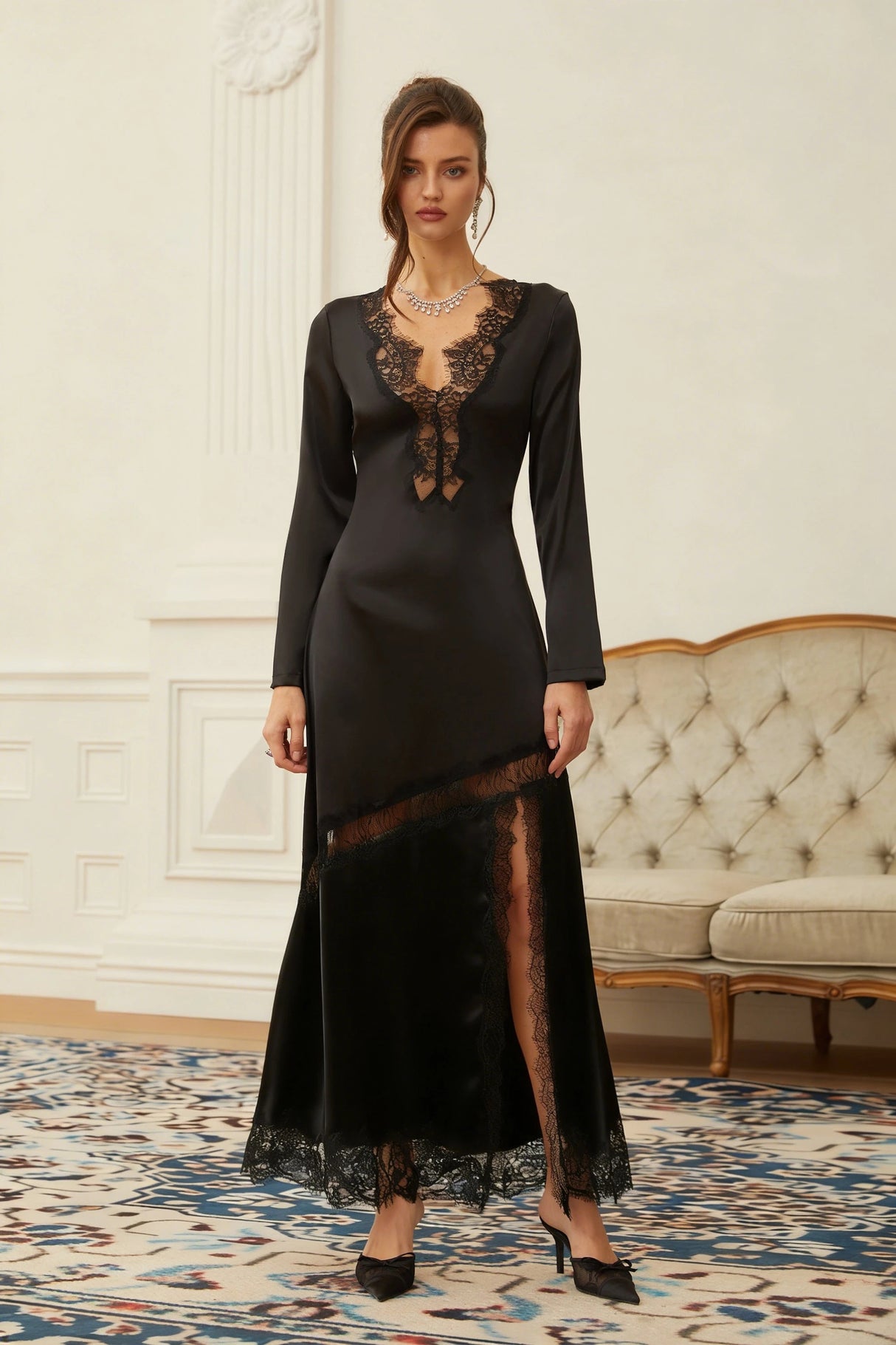 Raphaëlle Black Lace Panel Satin Maxi Dress