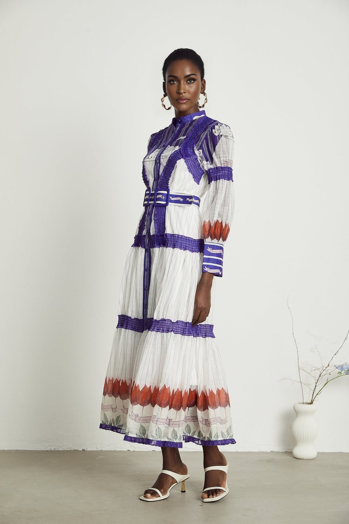 Raphaëlle Colorblock Linen Midi Dress With Belt and Pleated Detail