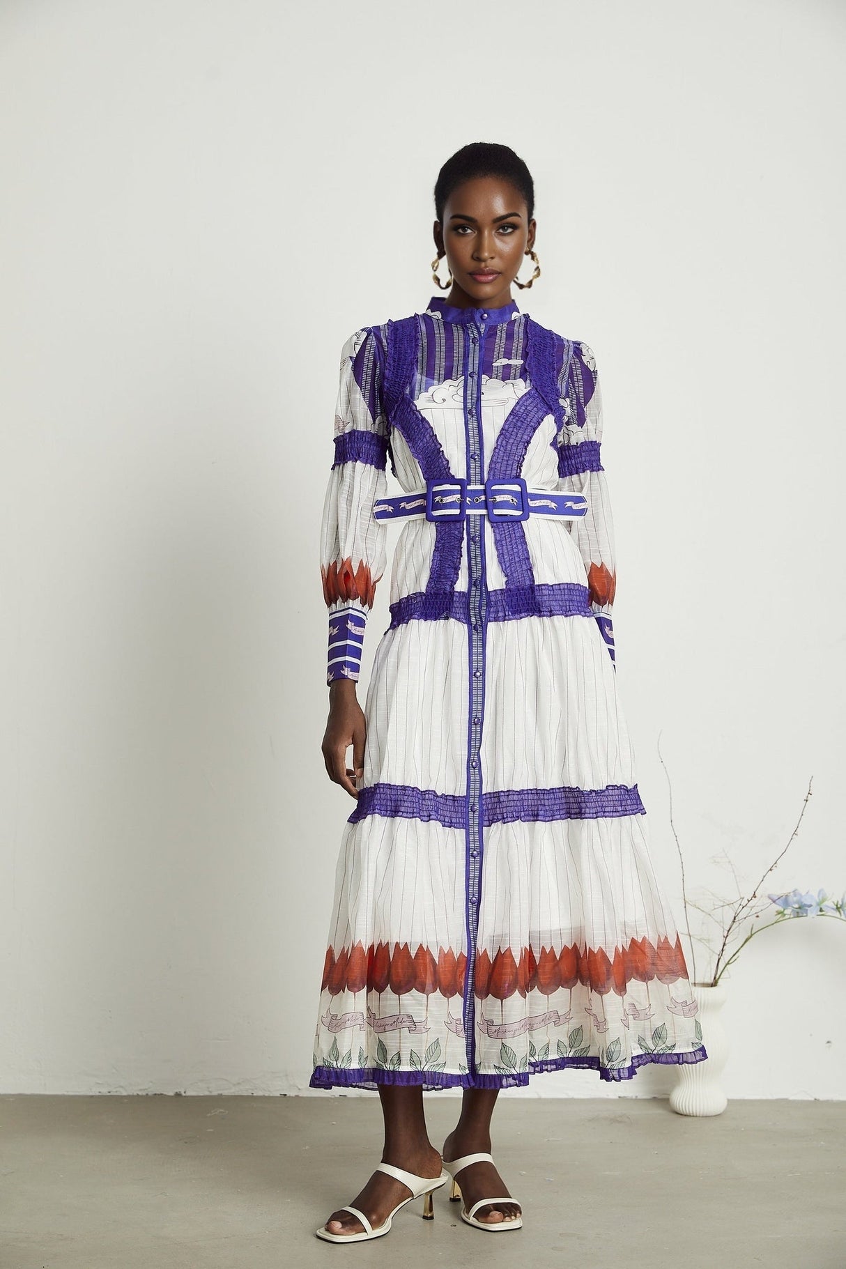 Raphaëlle Colorblock Linen Midi Dress With Belt and Pleated Detail