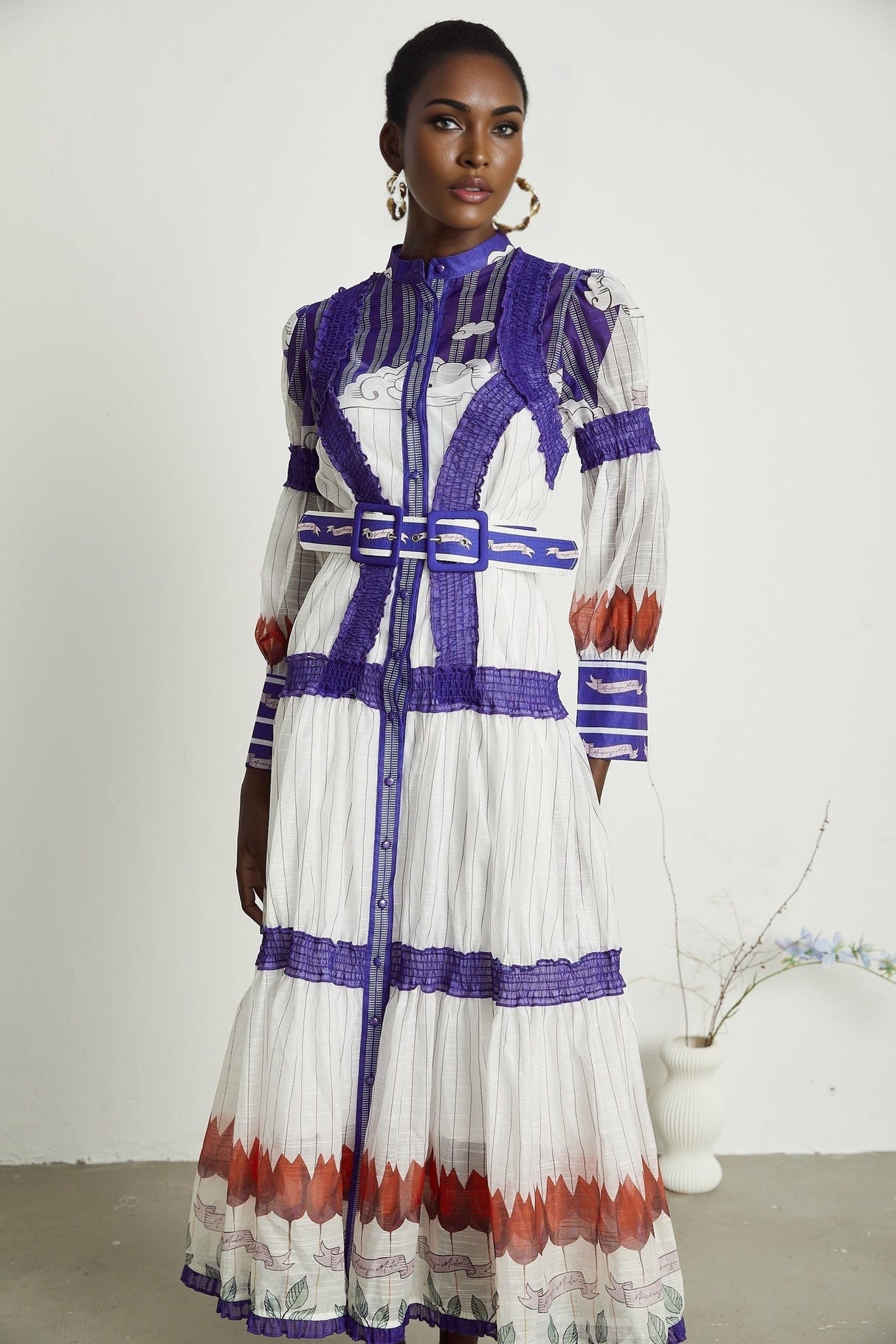 Raphaëlle Colorblock Linen Midi Dress With Belt and Pleated Detail