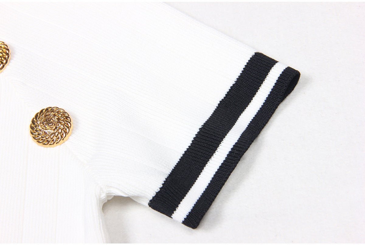 Raven Dress - Bodycon Silhouette - Nautical - Inspired Design - Stretch - Knit Sculpted Fit - Gold - Tone Embossed Buttons