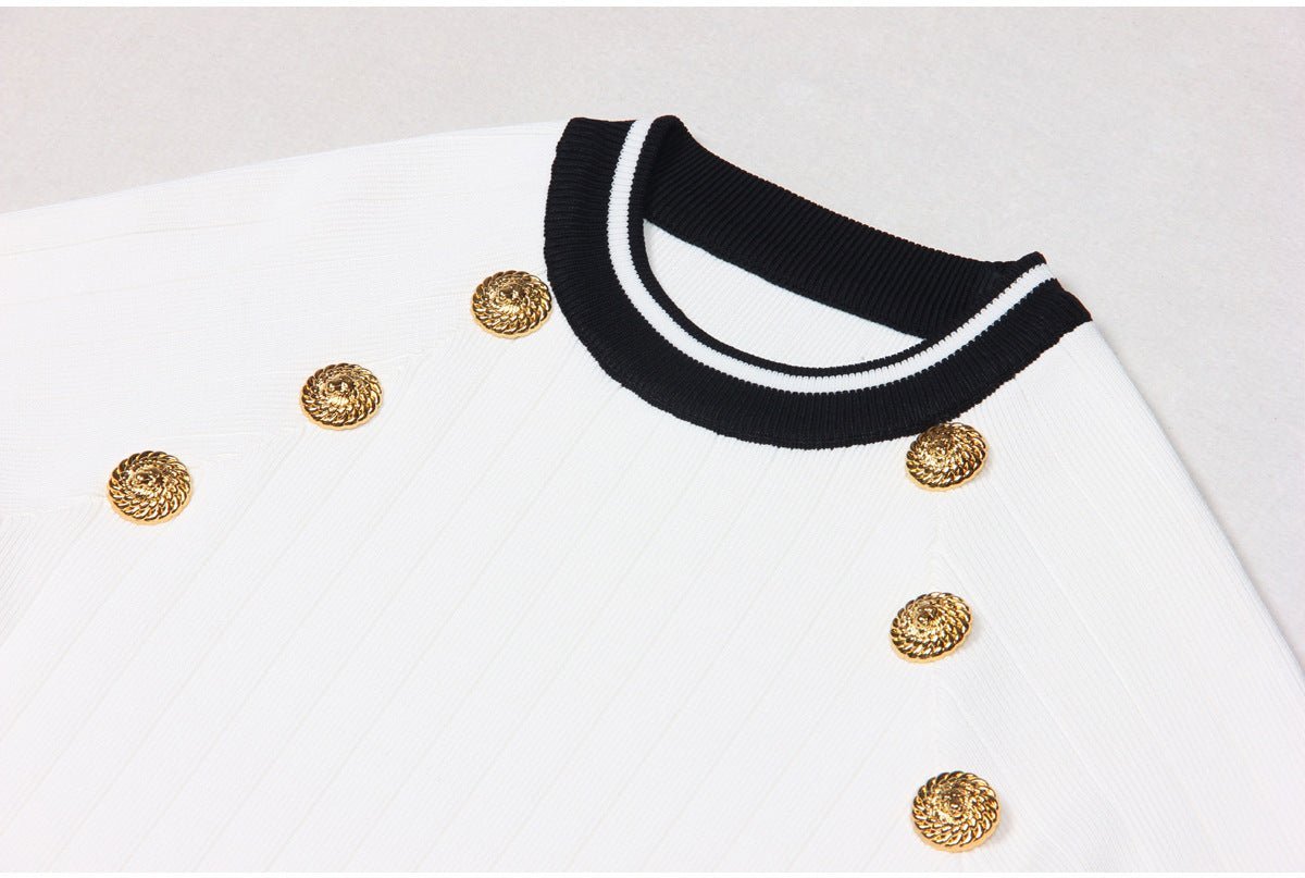 Raven Dress - Bodycon Silhouette - Nautical - Inspired Design - Stretch - Knit Sculpted Fit - Gold - Tone Embossed Buttons