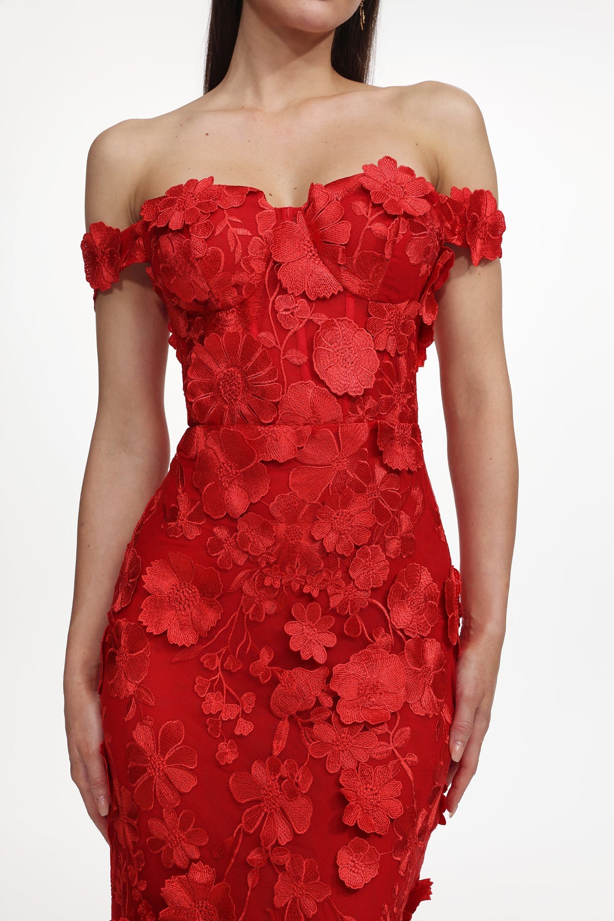 Raven Red Floral Embroidered Off-Shoulder Maxi Dress