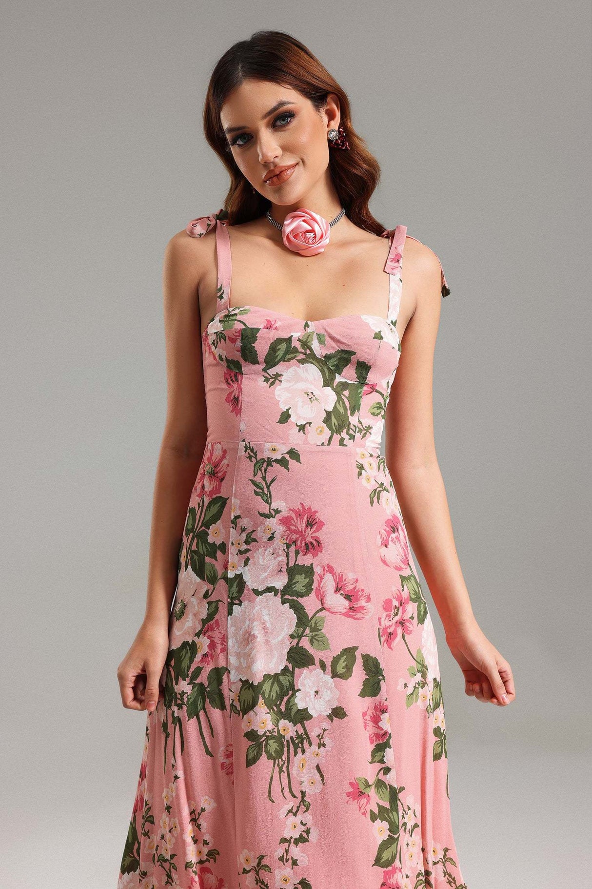 Reagan Pink Floral Midi Dress with Bows and Delicate Straps