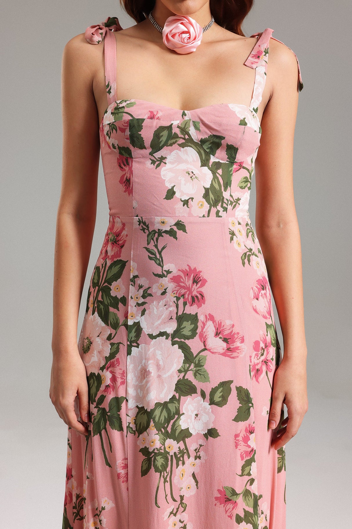 Reagan Pink Floral Midi Dress with Bow Straps