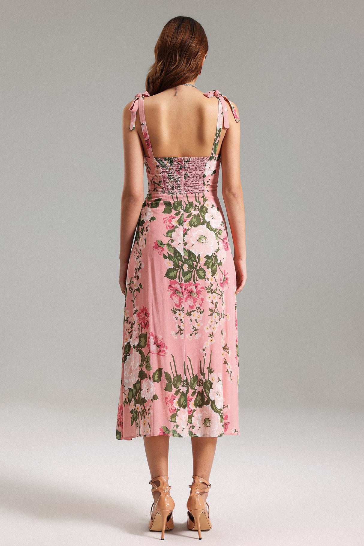 Reagan Pink Floral Printed Midi Dress with Bows and Flattering Neckline