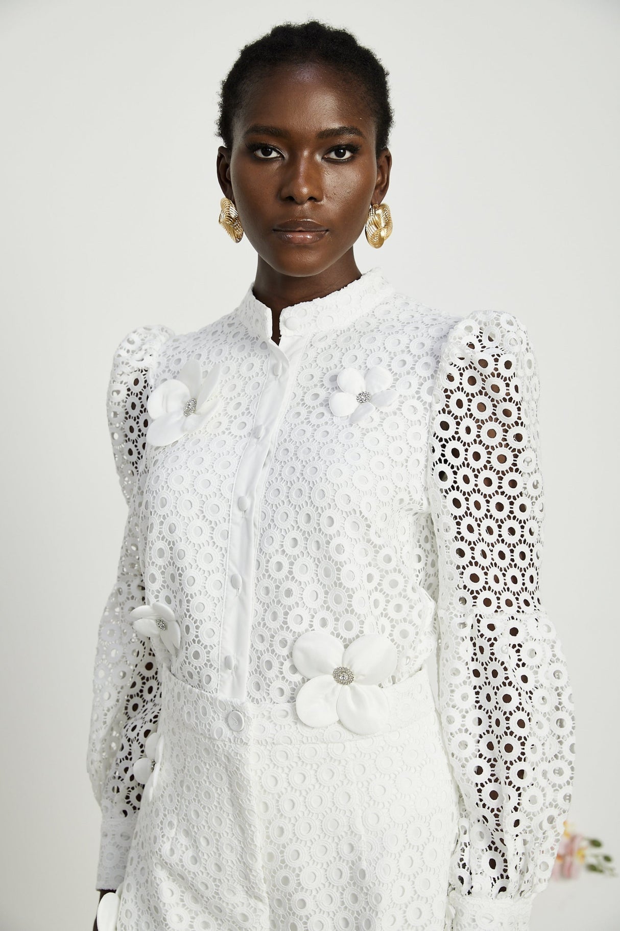 Rebecca Blouse & Shorts White Faux Flower Crystal Set