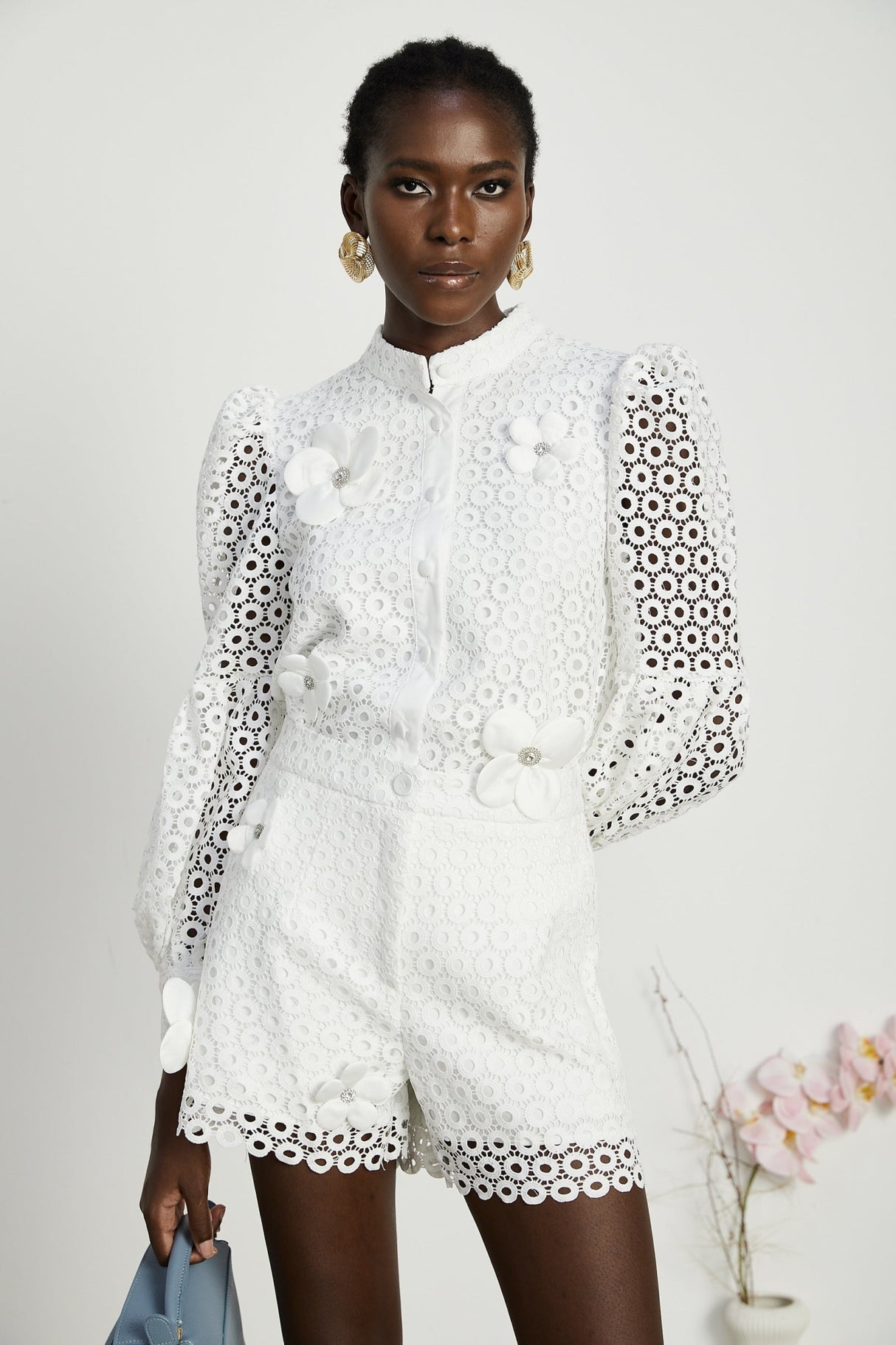 Rebecca Blouse & Shorts White Faux Flower Crystal Set