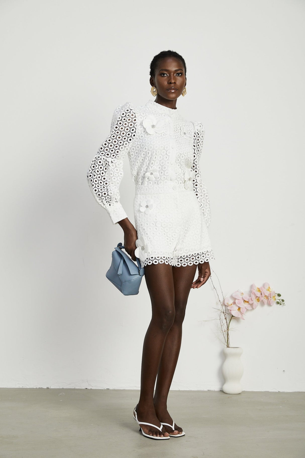 Rebecca Blouse & Shorts White Faux Flower Crystal Set