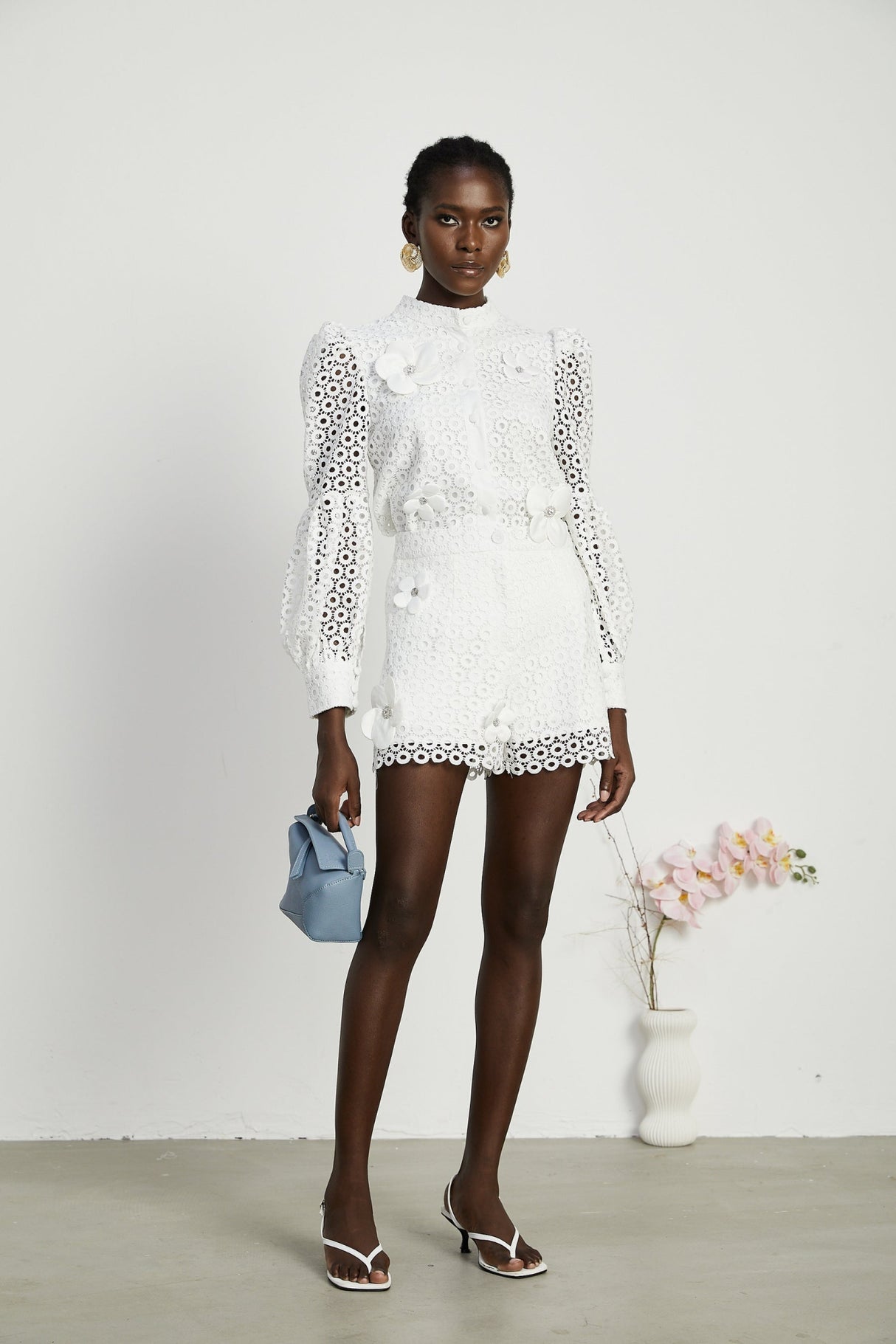 Rebecca Blouse & Shorts White Faux Flower Crystal Set