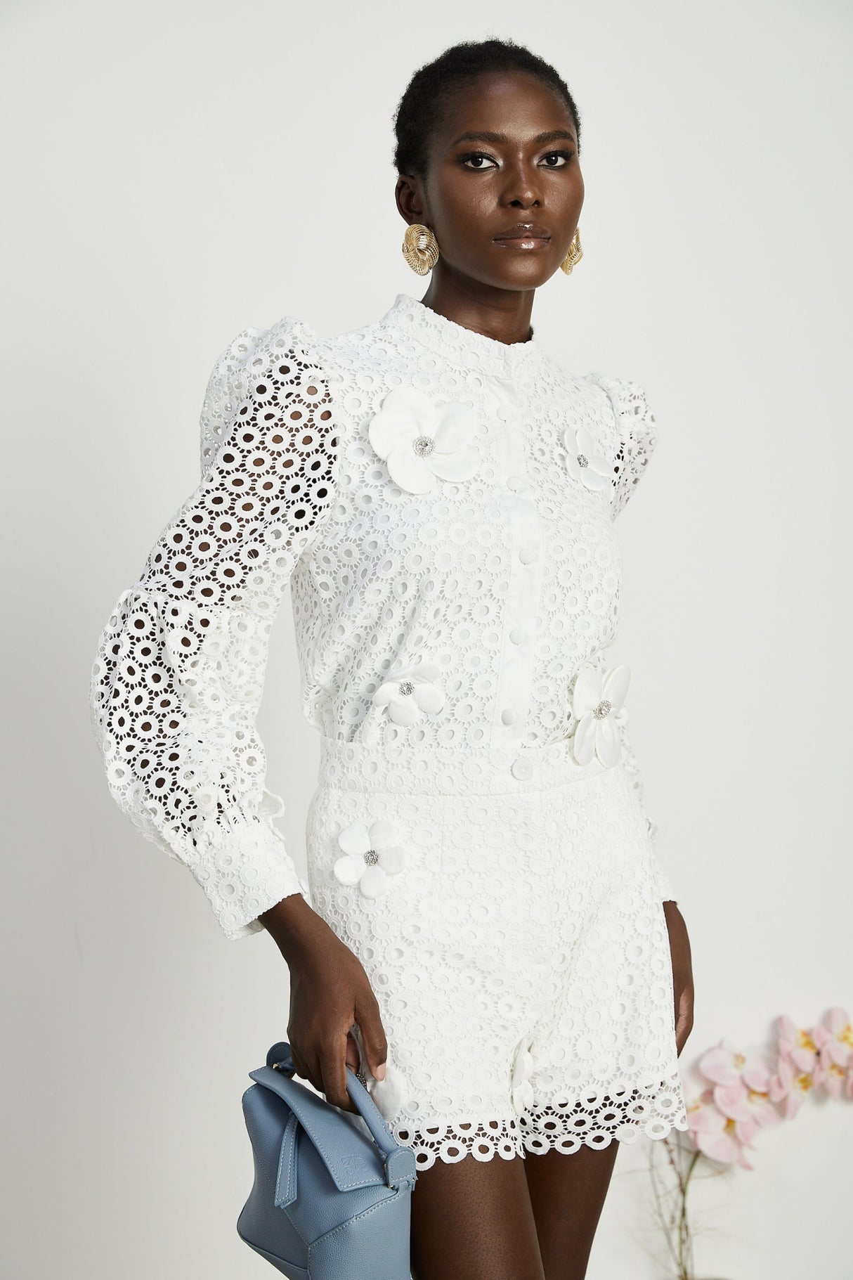 Rebecca Blouse & Shorts White Faux Flower Crystal Set