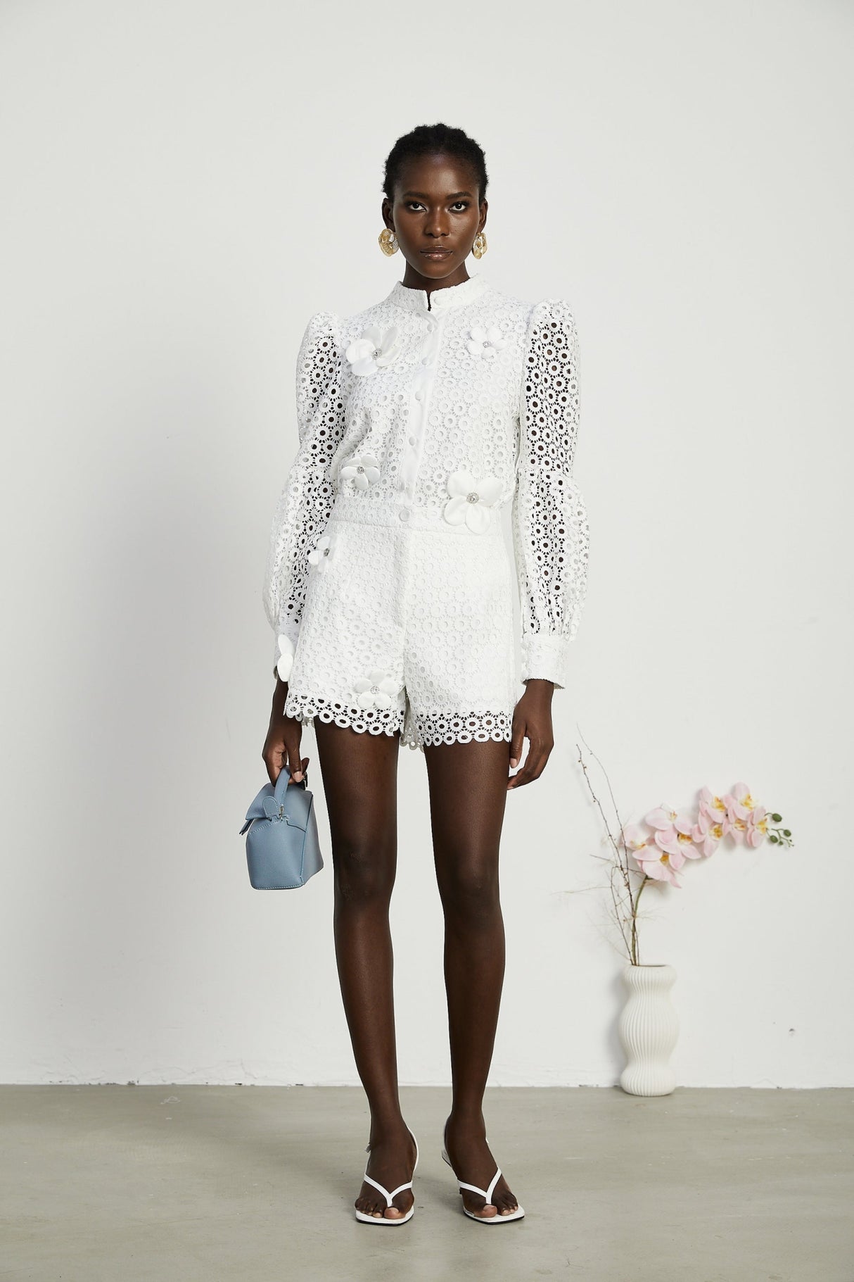 Rebecca Blouse & Shorts White Faux Flower Crystal Set