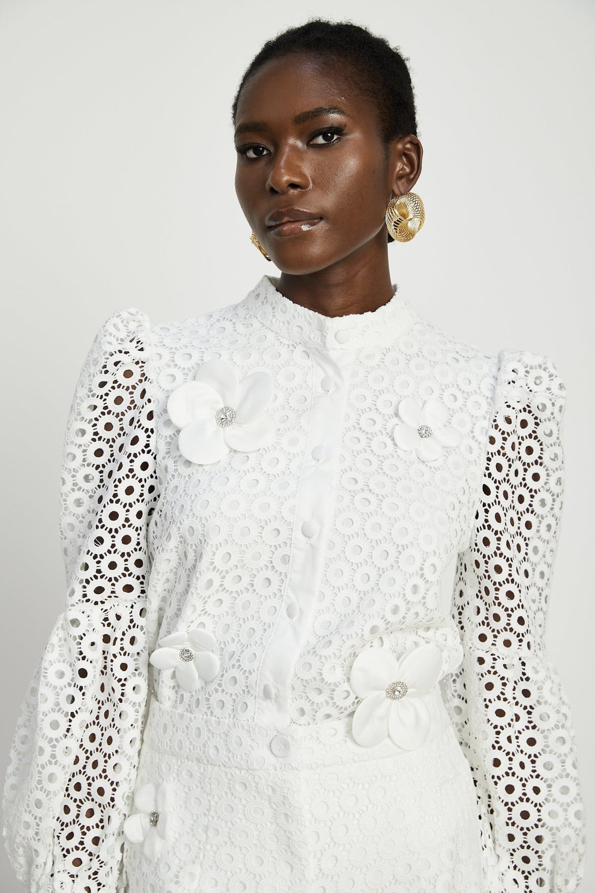 Rebecca Blouse & Shorts White Faux Flower Crystal Set