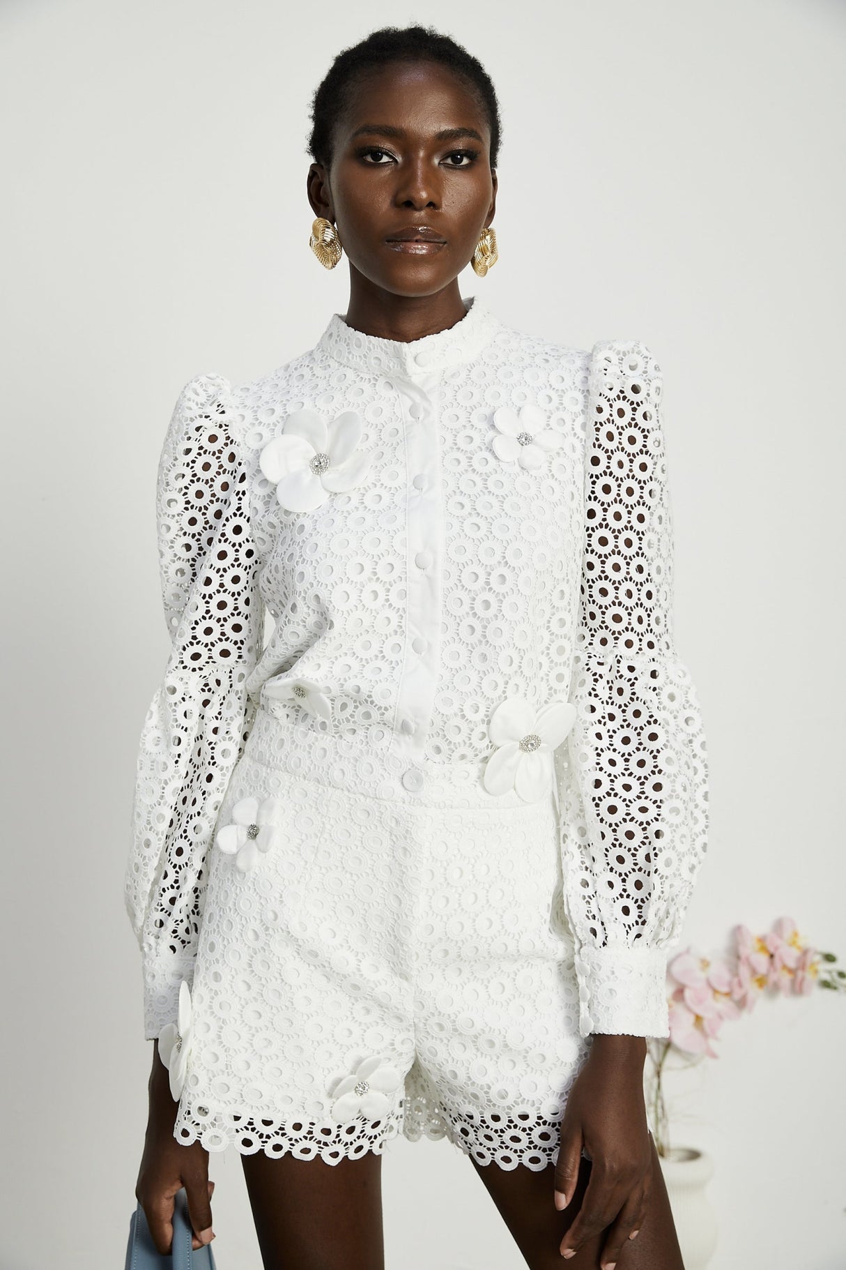 Rebecca Blouse & Shorts White Faux Flower Crystal Set