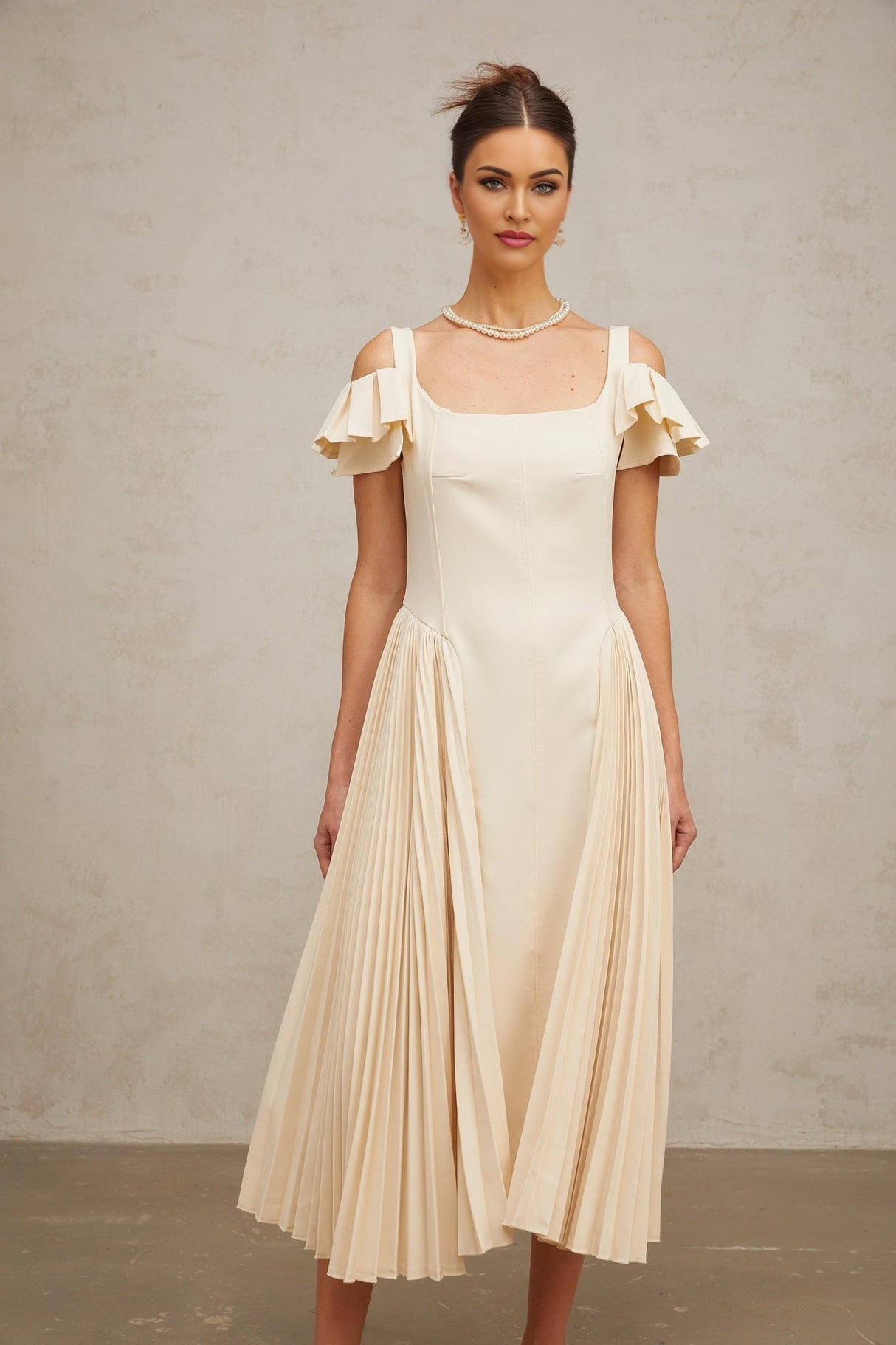 Rebecca Flutter Sleeve Pleated Midi Dress