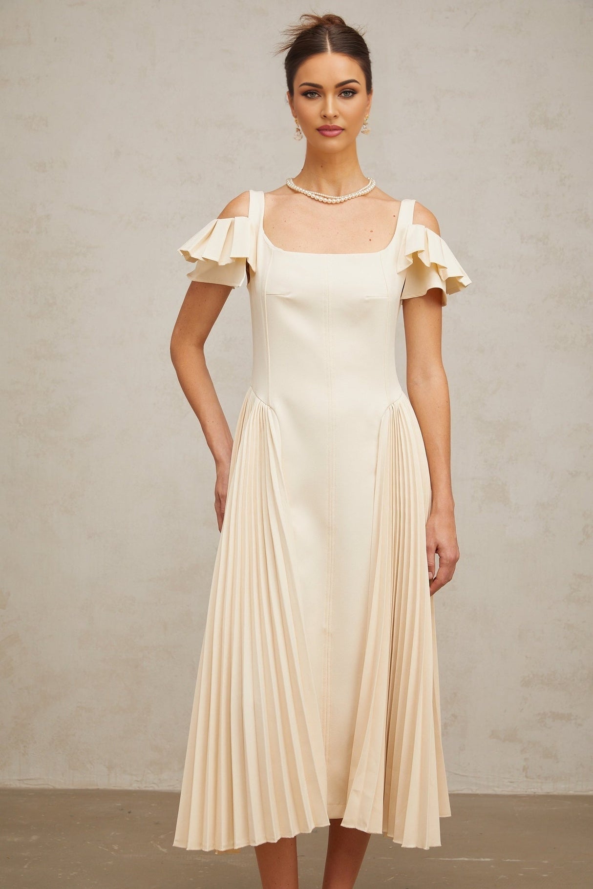 Rebecca Flutter Sleeve Pleated Midi Dress
