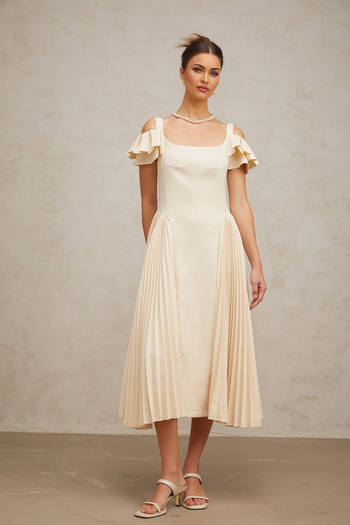 Rebecca Flutter Sleeve Pleated Midi Dress