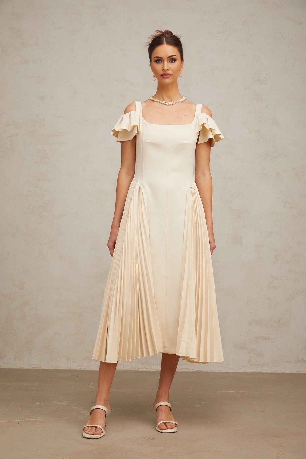Rebecca Flutter Sleeve Pleated Midi Dress