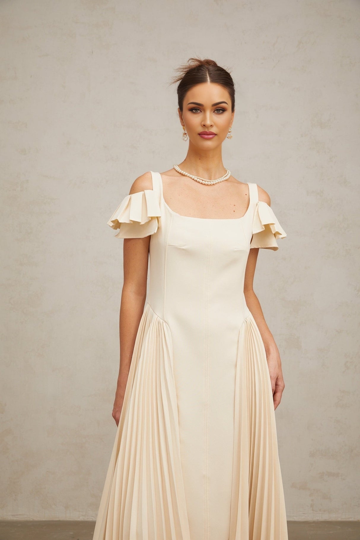 Rebecca Flutter Sleeve Pleated Midi Dress