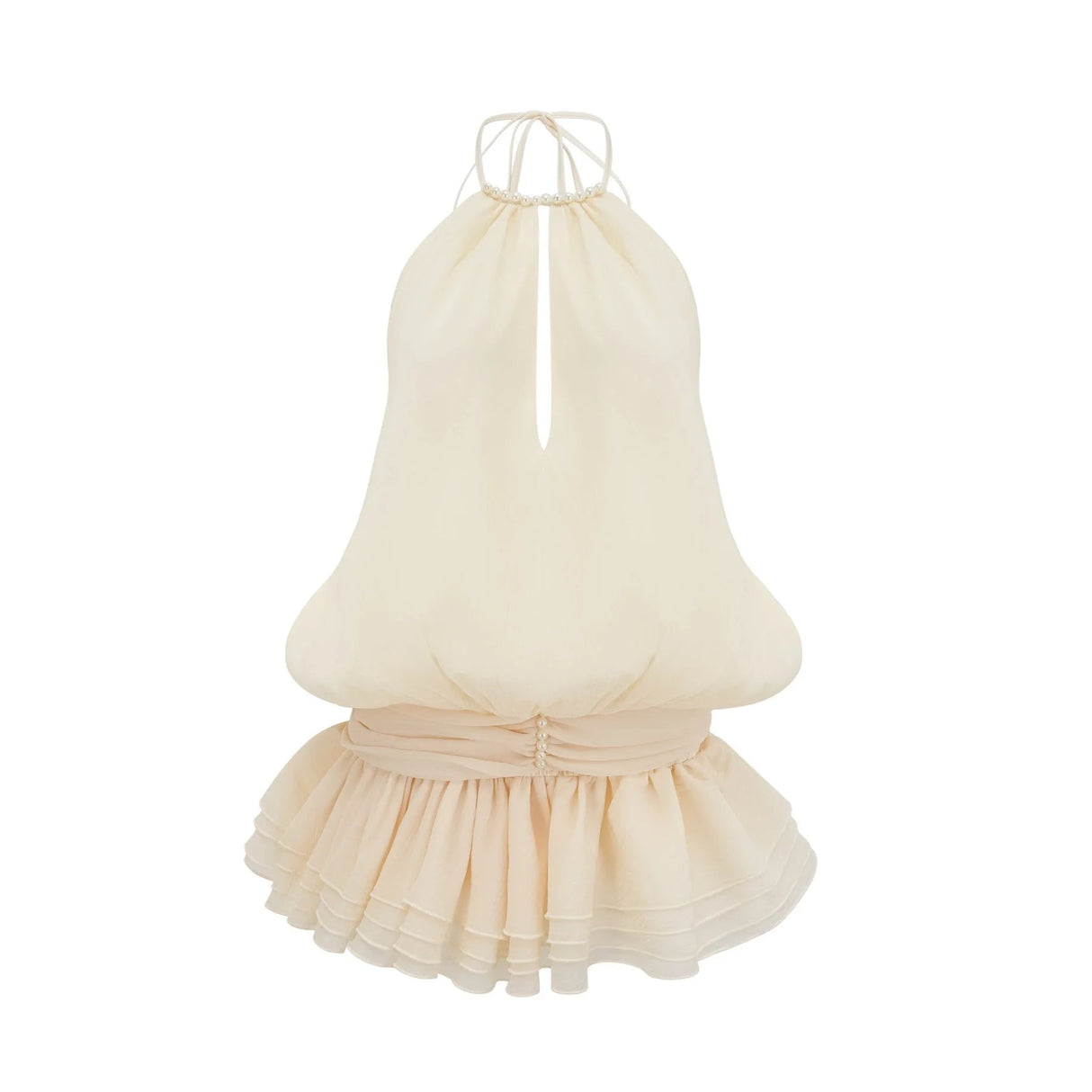 Rebecca Mini Dress White Halter - neck Faux - Pearl Tiered Open - Back