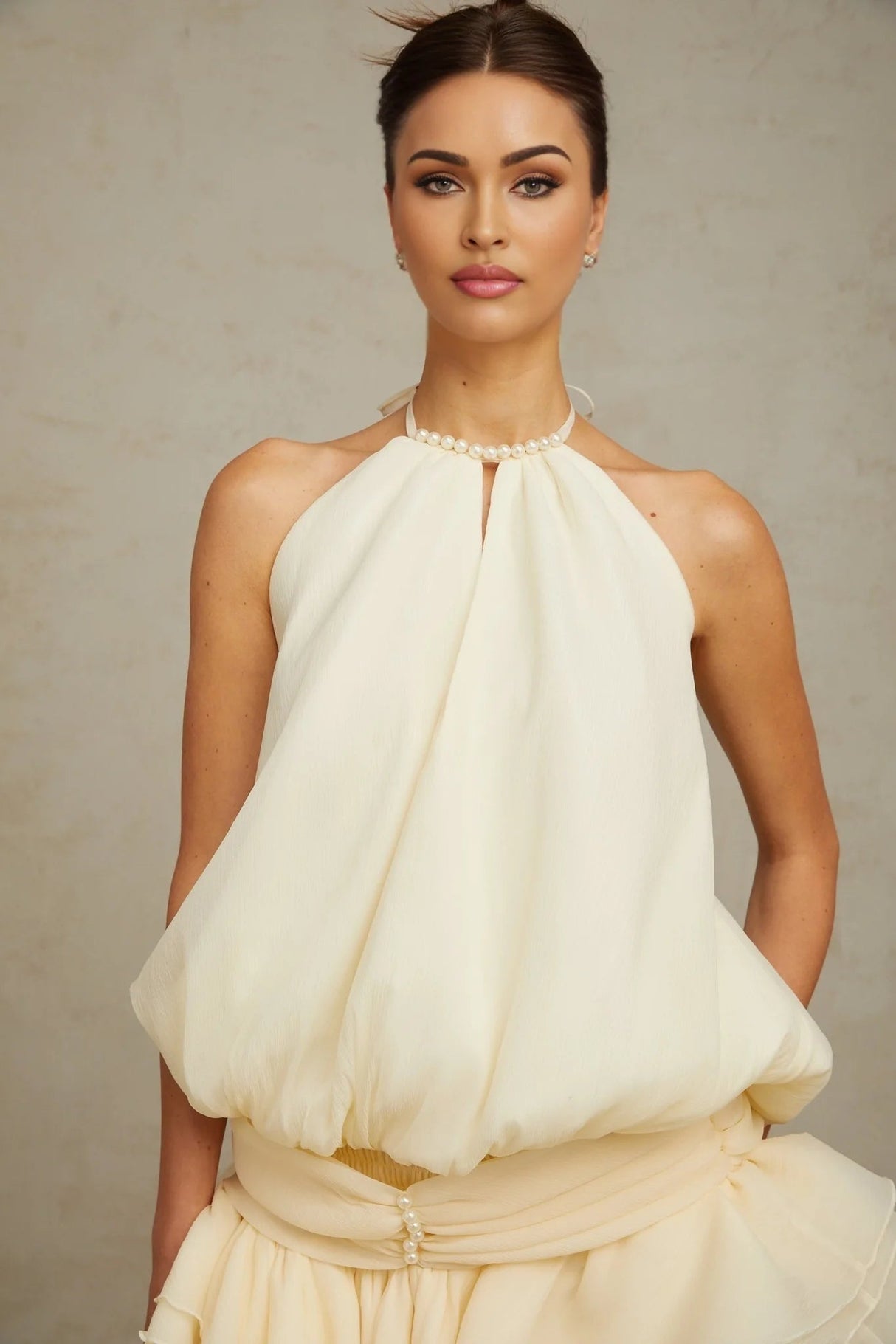 Rebecca Mini Dress White Halter - neck Faux - Pearl Tiered Open - Back