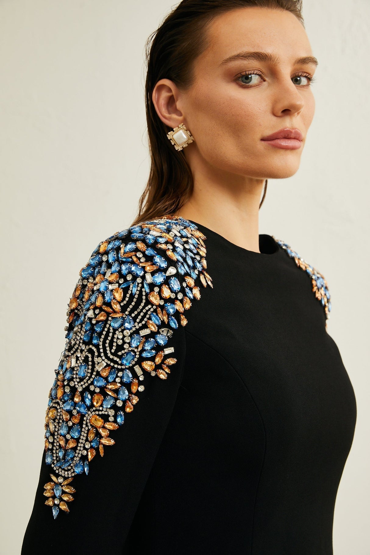 Rebekah Midi Dress Black Crystal Embellished Zippered Cuffs & Rear Slit