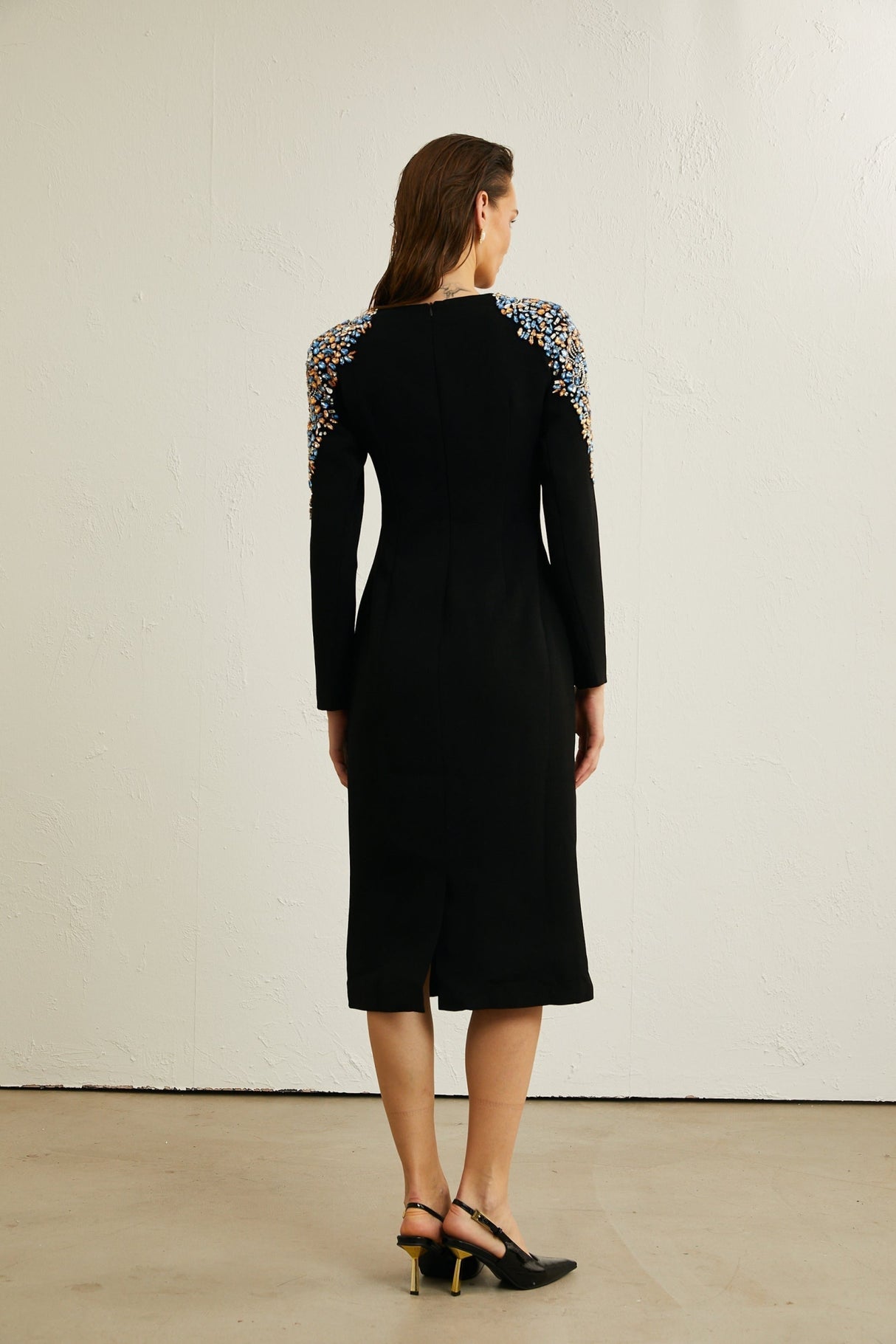 Rebekah Midi Dress Black Crystal Embellished Zippered Cuffs & Rear Slit