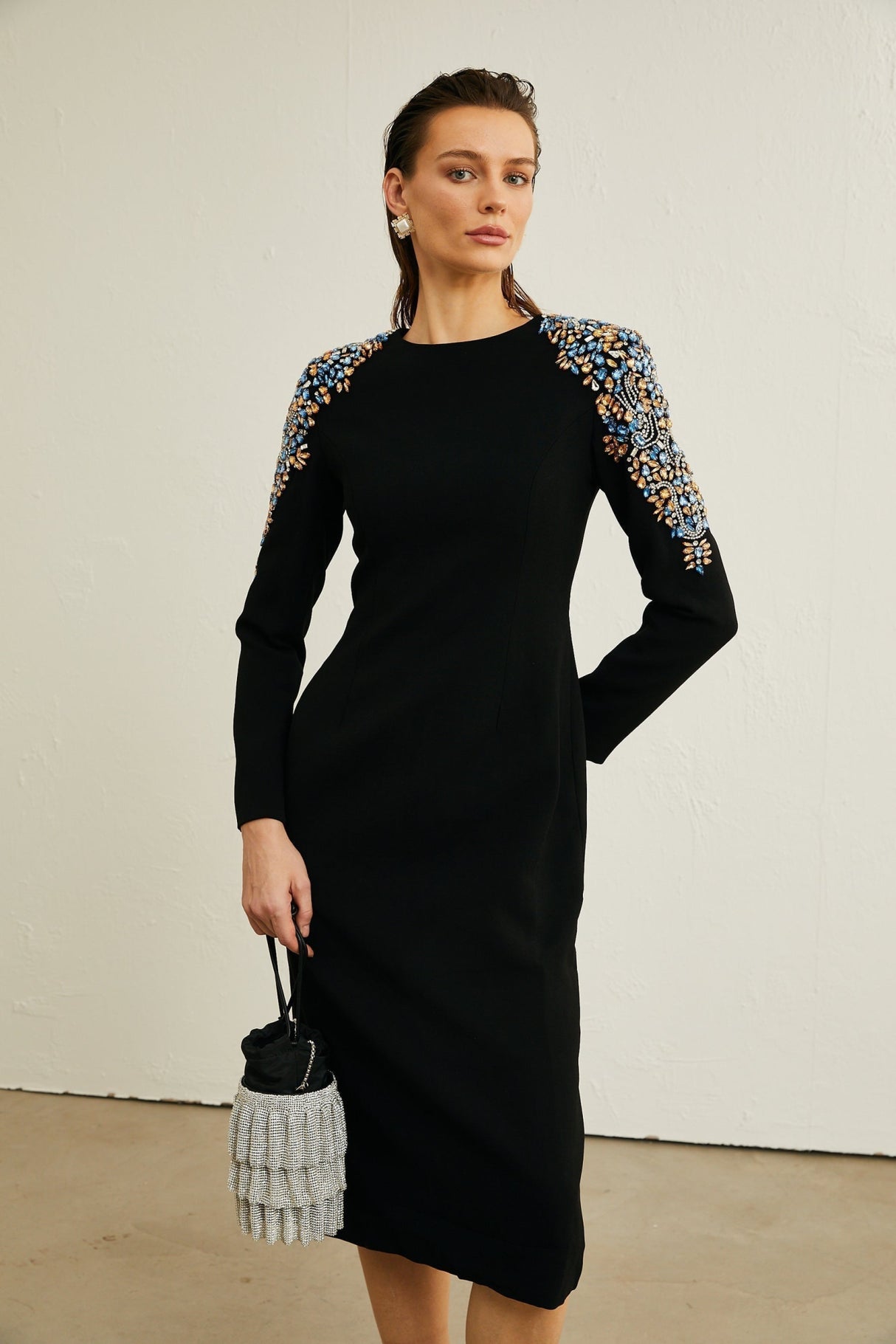 Rebekah Midi Dress Black Crystal Embellished Zippered Cuffs & Rear Slit