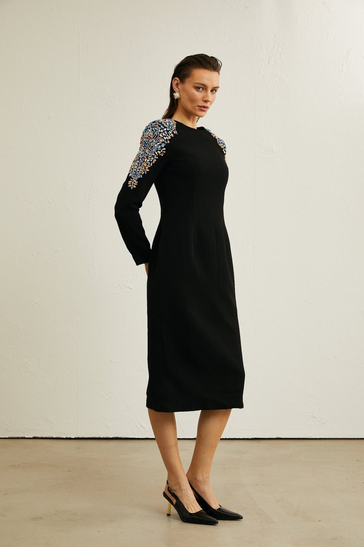 Rebekah Midi Dress Black Crystal Embellished Zippered Cuffs & Rear Slit