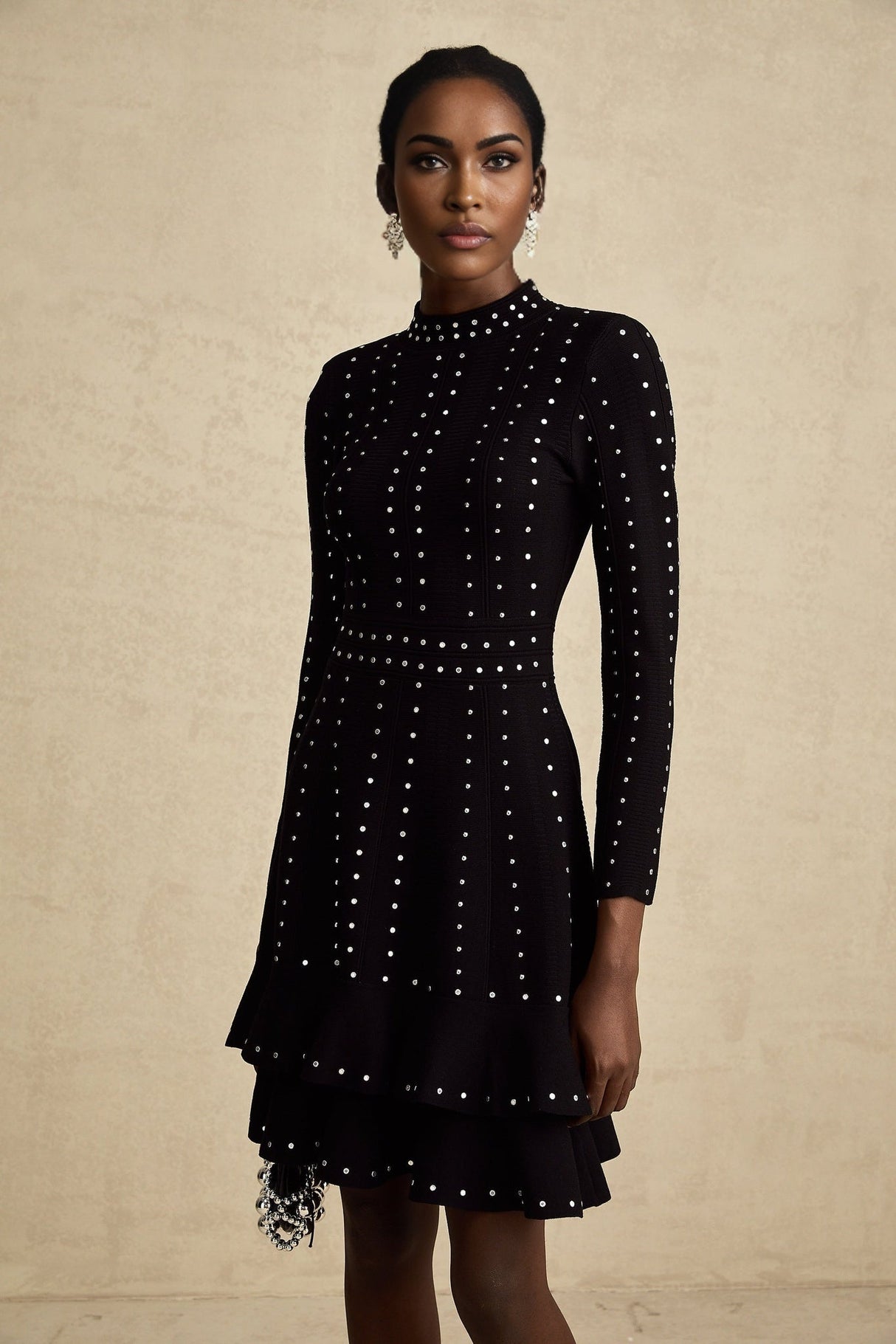 Rebekah Mini Dress Black Knit Tiered Ruffled Embellished