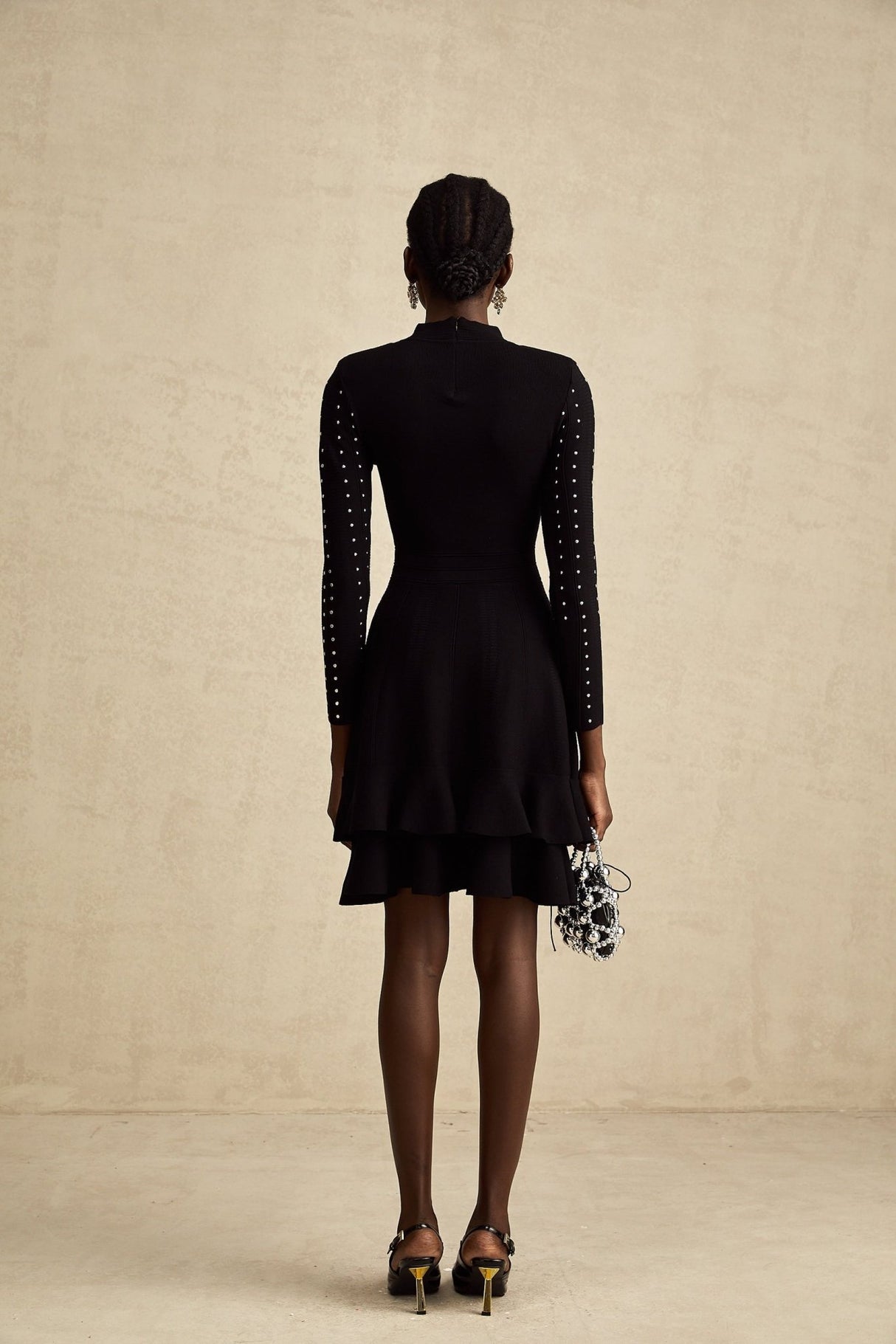 Rebekah Mini Dress Black Knit Tiered Ruffled Embellished