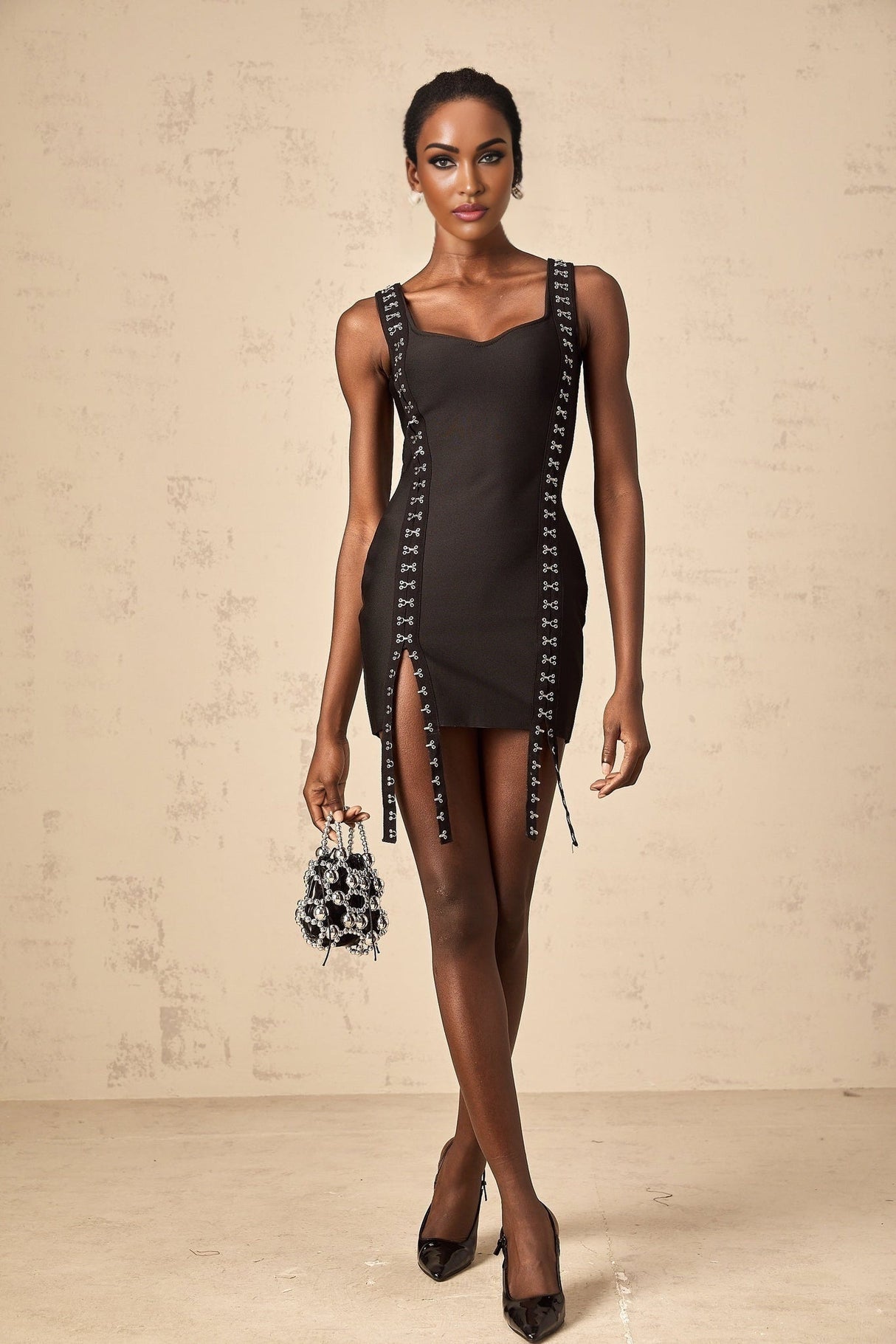 Rebekah Mini Dress Elegant Black Ribbon Split Hem