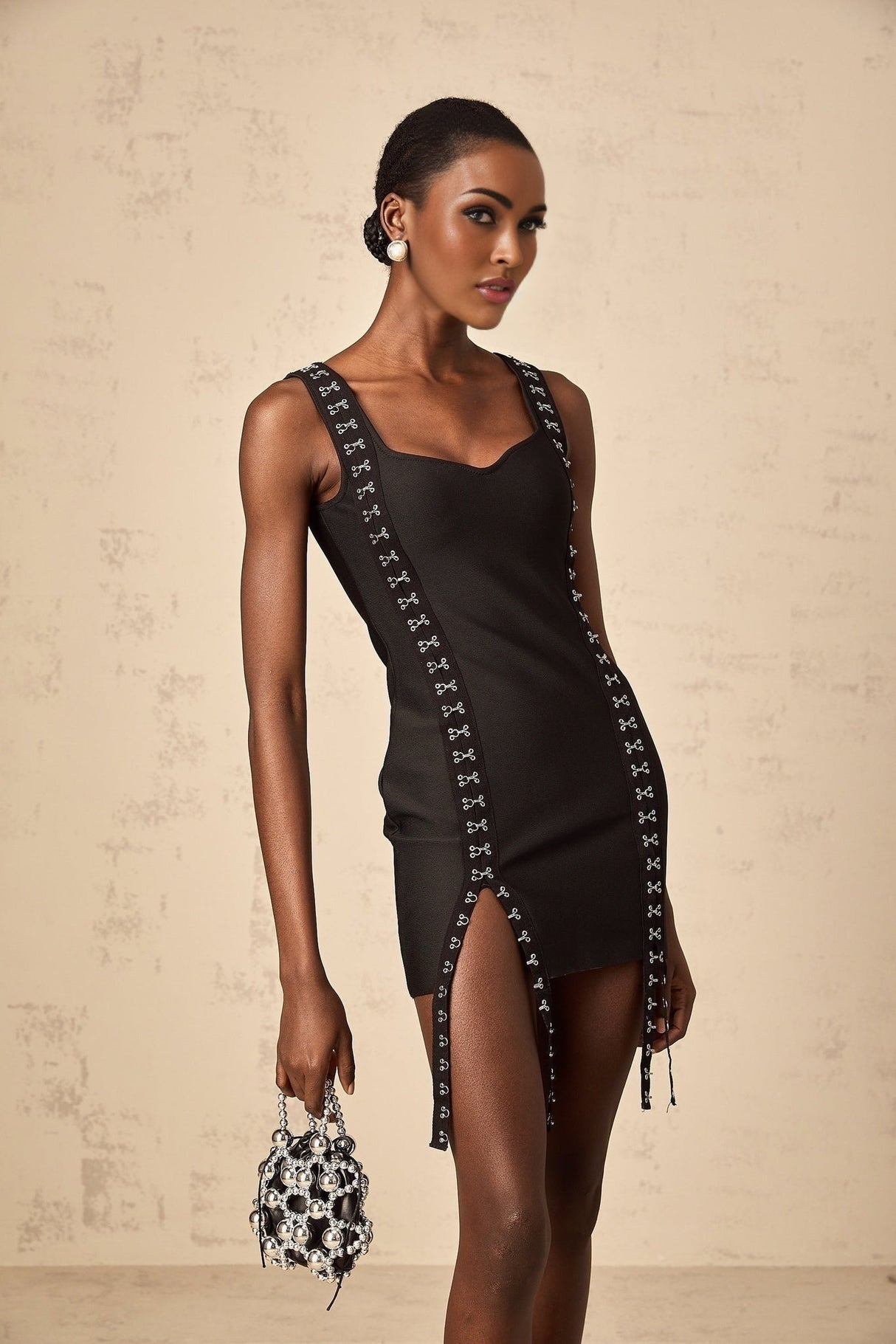 Rebekah Mini Dress Elegant Black Ribbon Split Hem