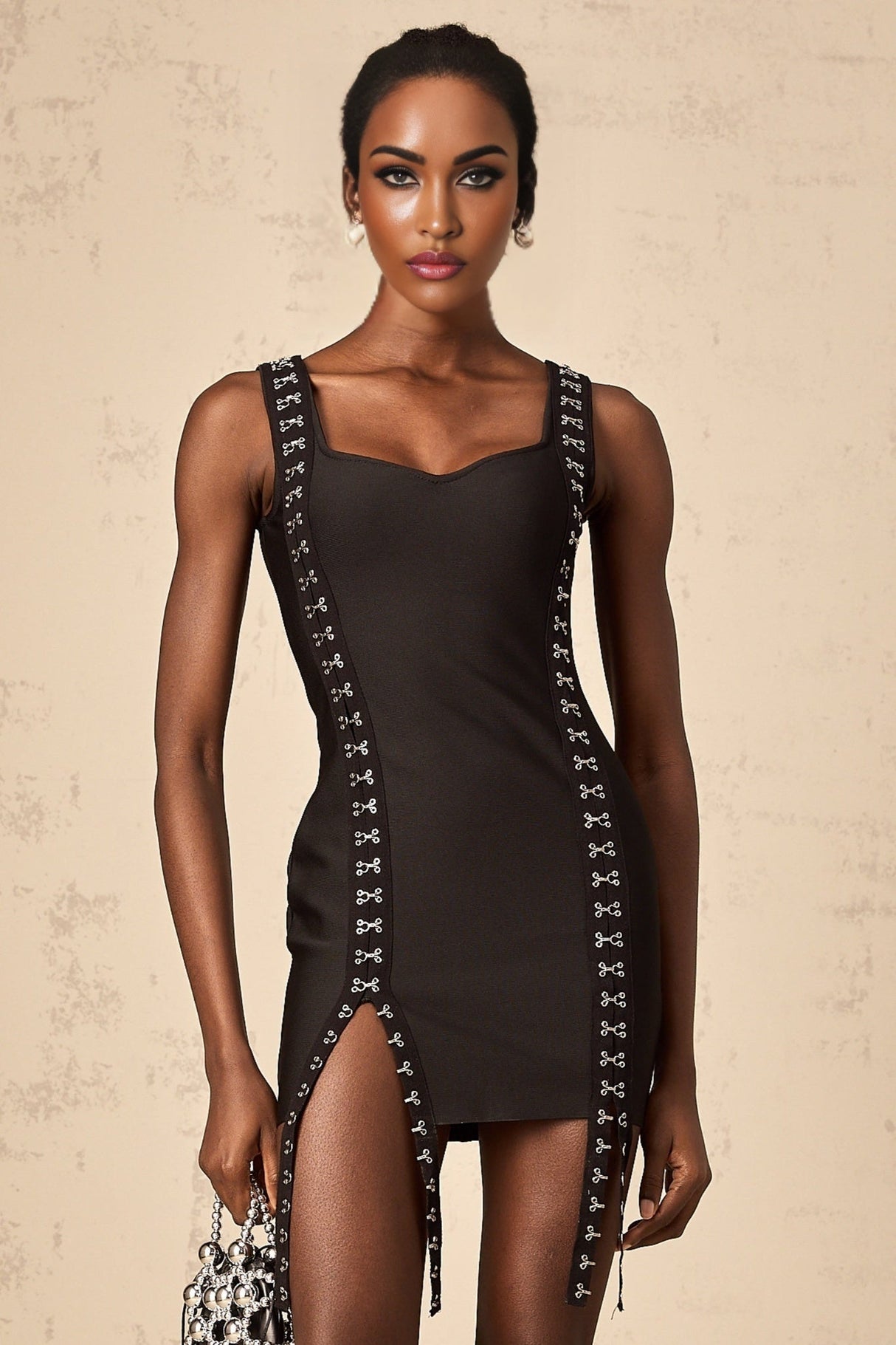 Rebekah Mini Dress Elegant Black Ribbon Split Hem