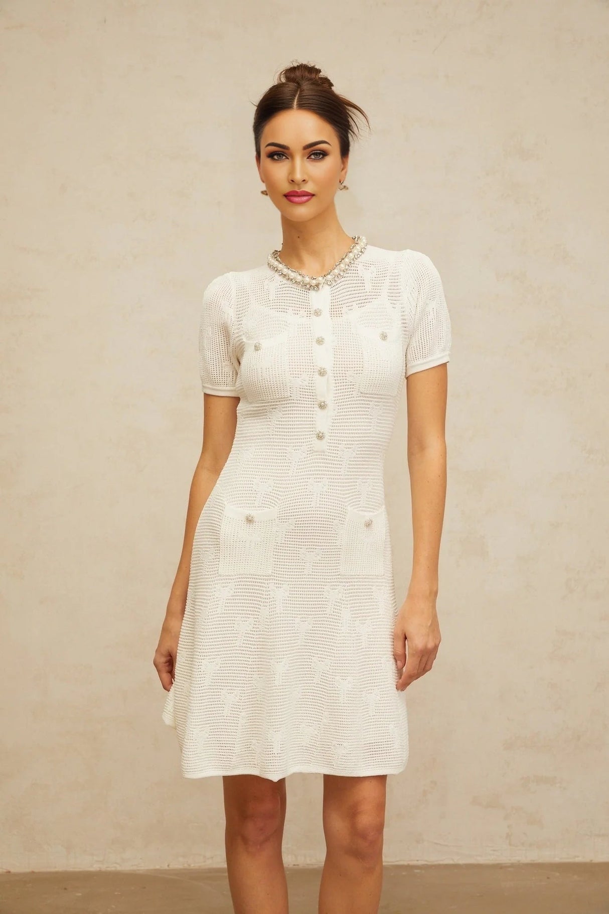 Rebekah Mini Dress White Crochet - Knit Bow Pearl Crystal Flare Hem Patch Pockets