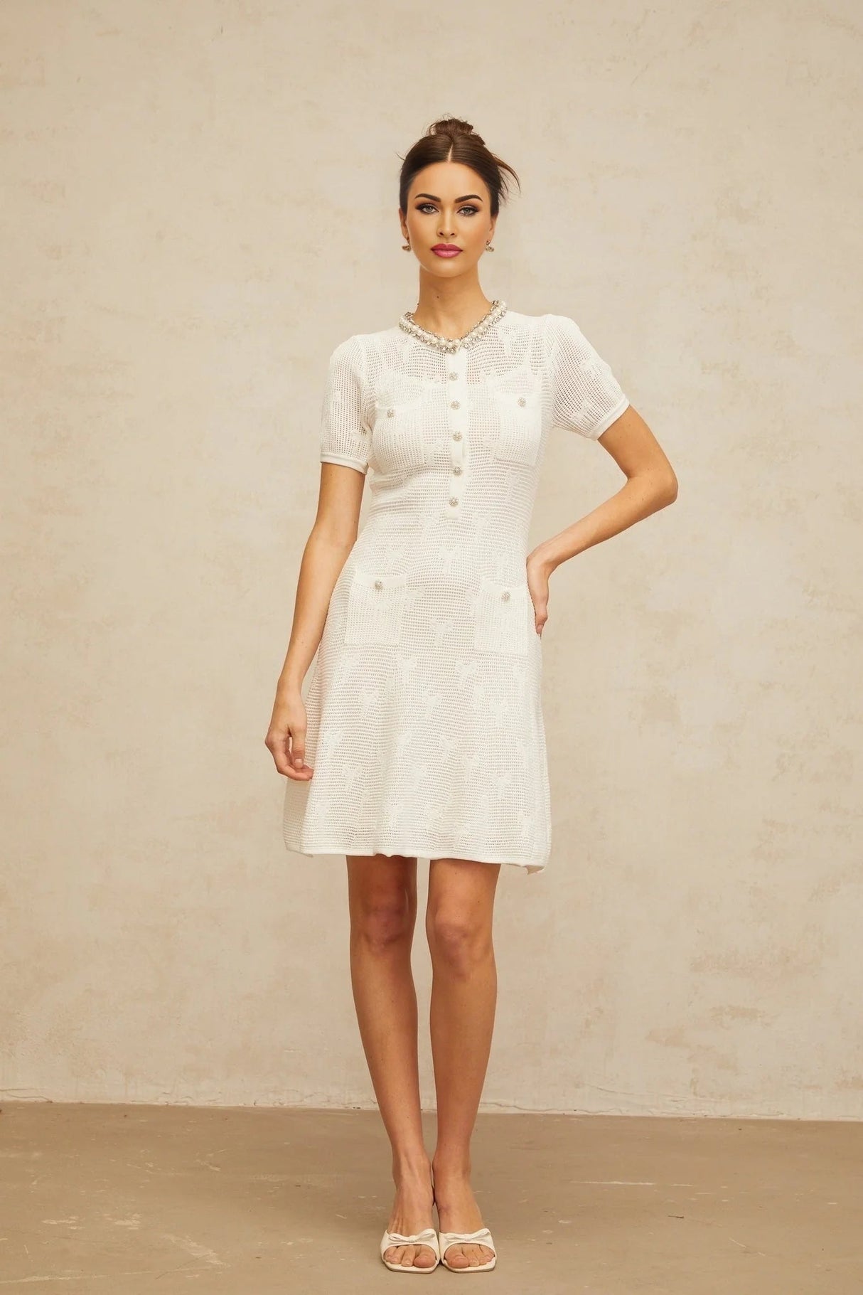 Rebekah Mini Dress White Crochet - Knit Bow Pearl Crystal Flare Hem Patch Pockets